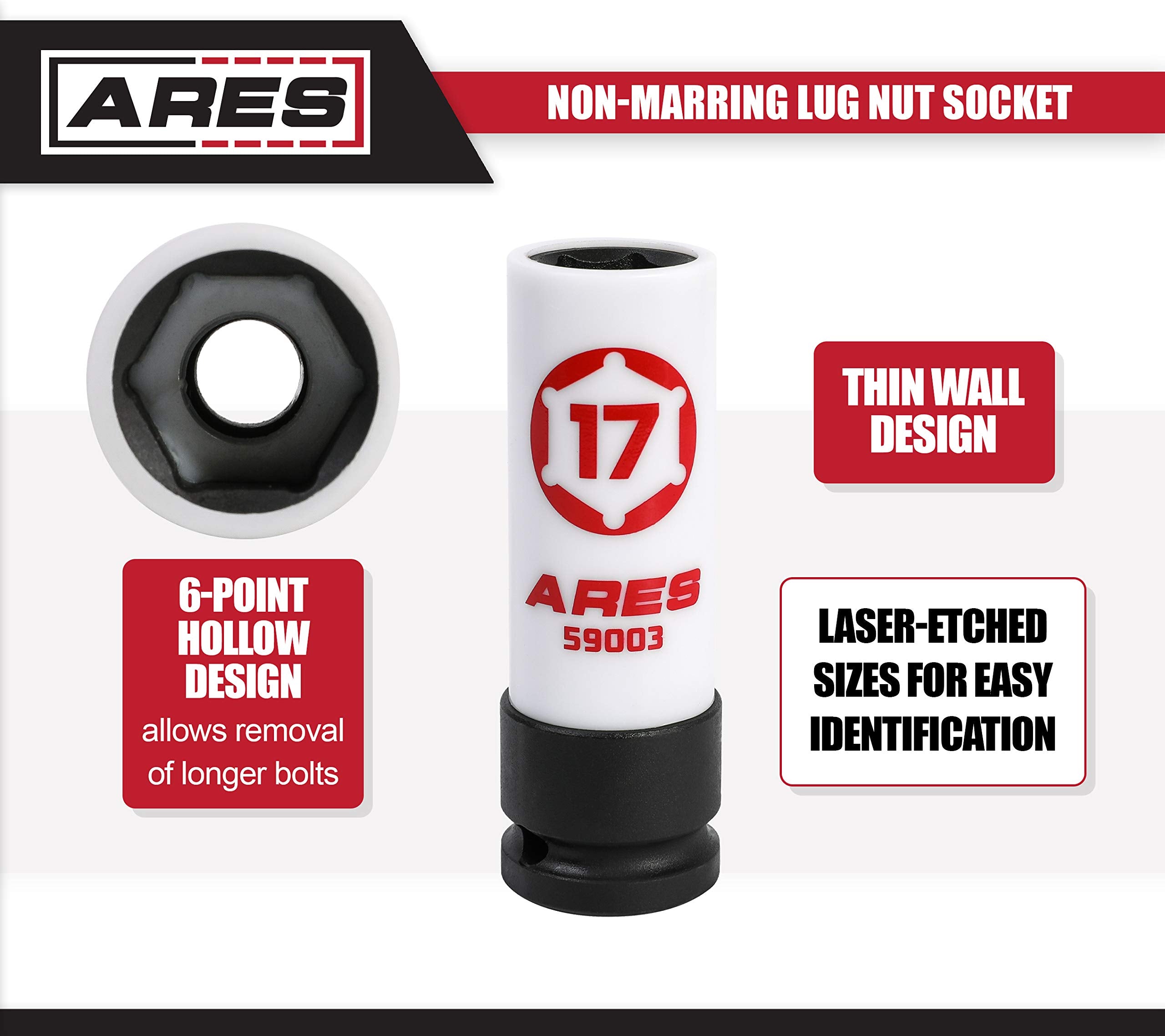 ARES 59003-17mm 1/2-Inch Drive Non-Marring Impact Lug Nut Socket - Protective Sleeve Prevents Damage to Custom Rims & Lug Nuts -