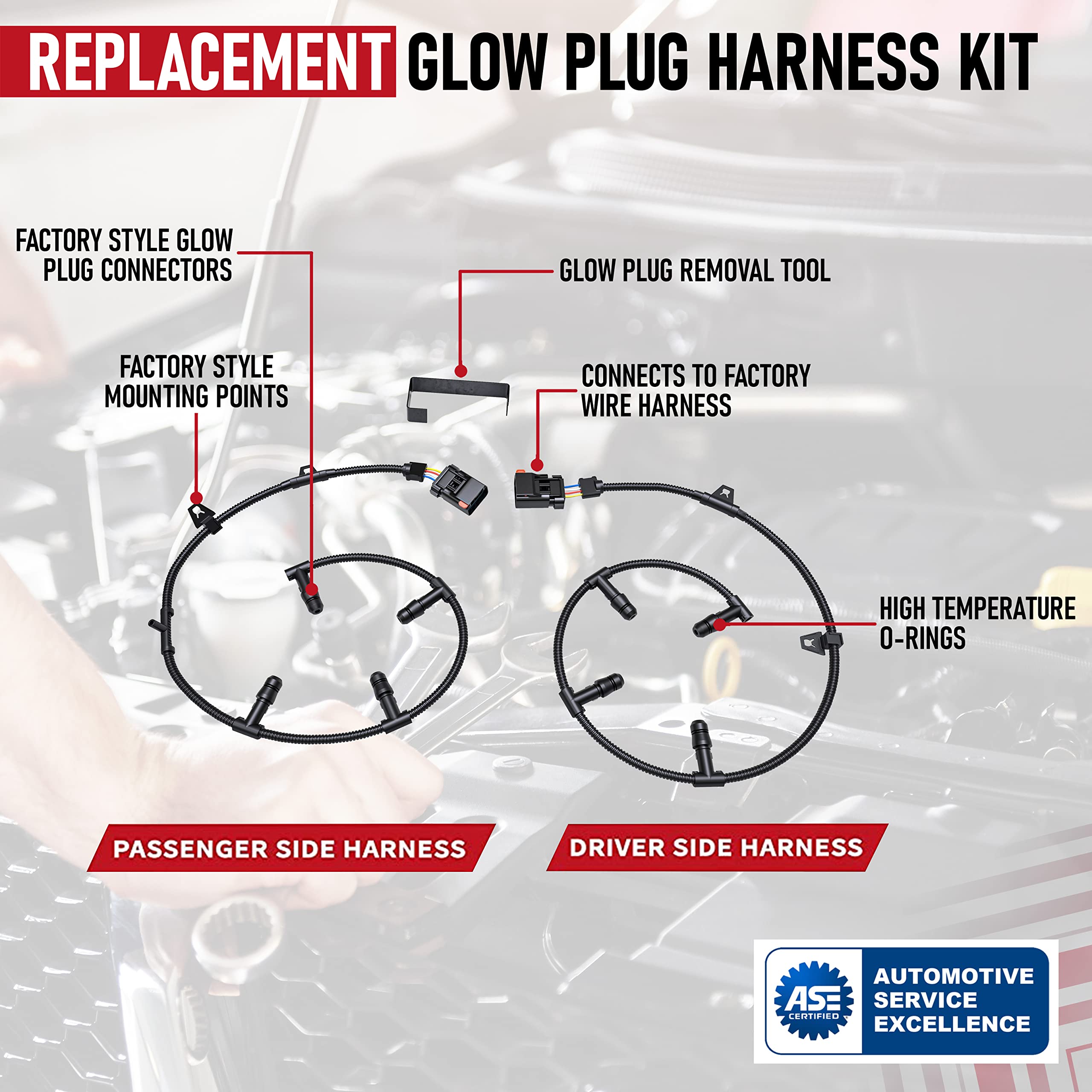 6.0 Powerstroke Glow Plug Harness Kit - Diesel Engine Injector Relay - Includes Right, Left Harness, & Removal Tool - Fits Ford
