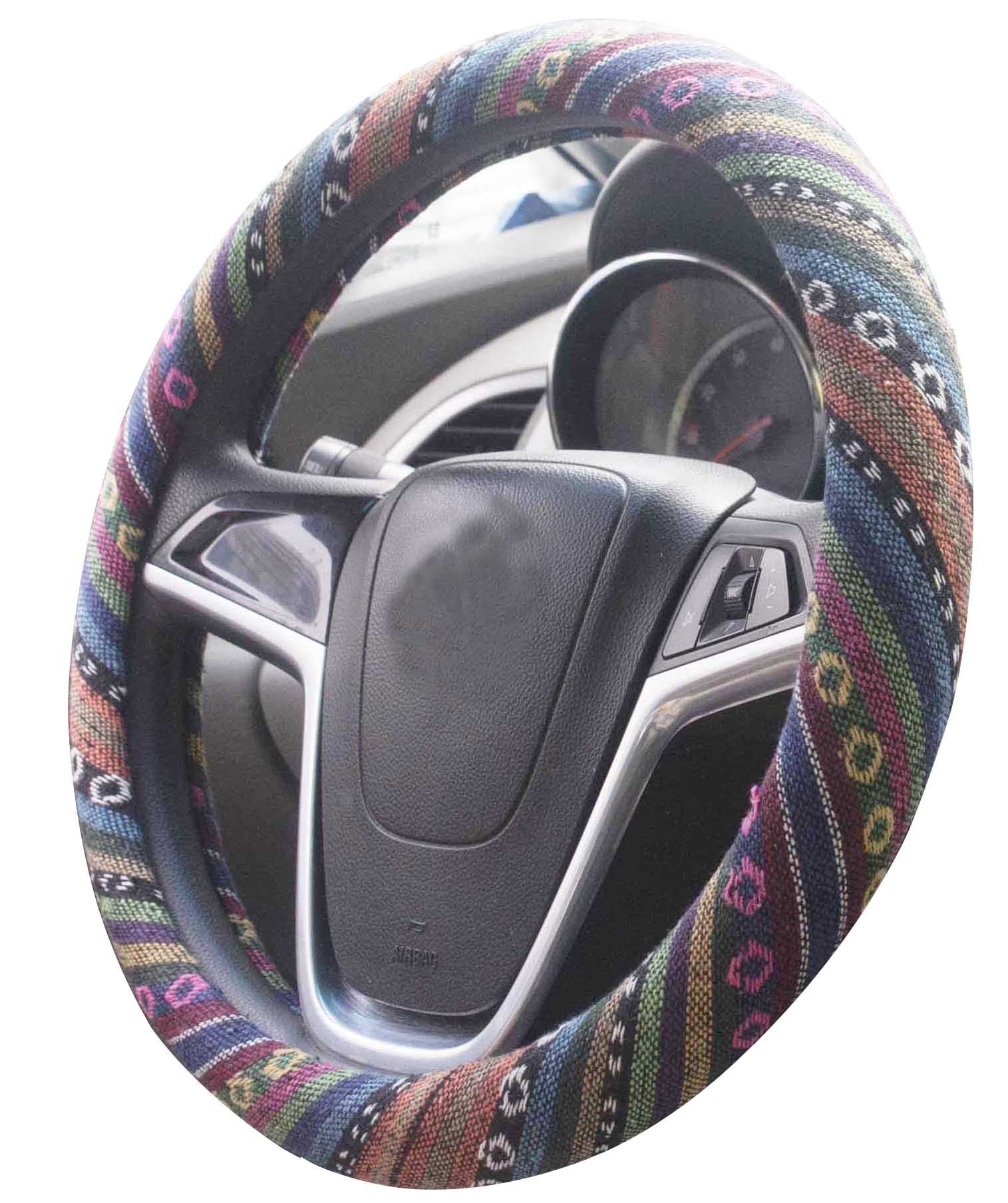 Istn Ethnic Style Coarse Flax Cloth Automotive Steering Wheel Cover Anti Slip And Sweat Absorption Auto Car Wrap Cover (C, 15.25
