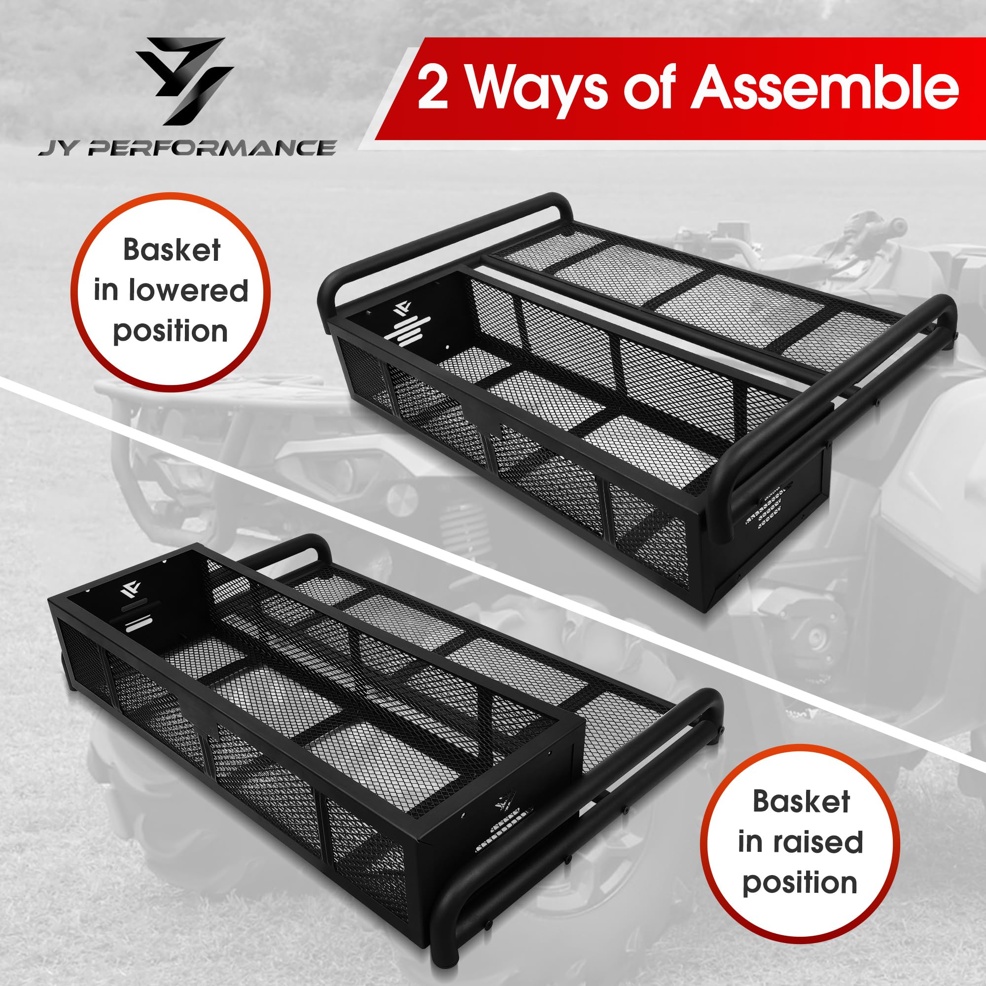 JY PERFORMANCE ATV Rear Cargo Basket, Alloy Steel, Black, Model DAC001, Universal Storage Rack for Camping/Fishing/Hiking