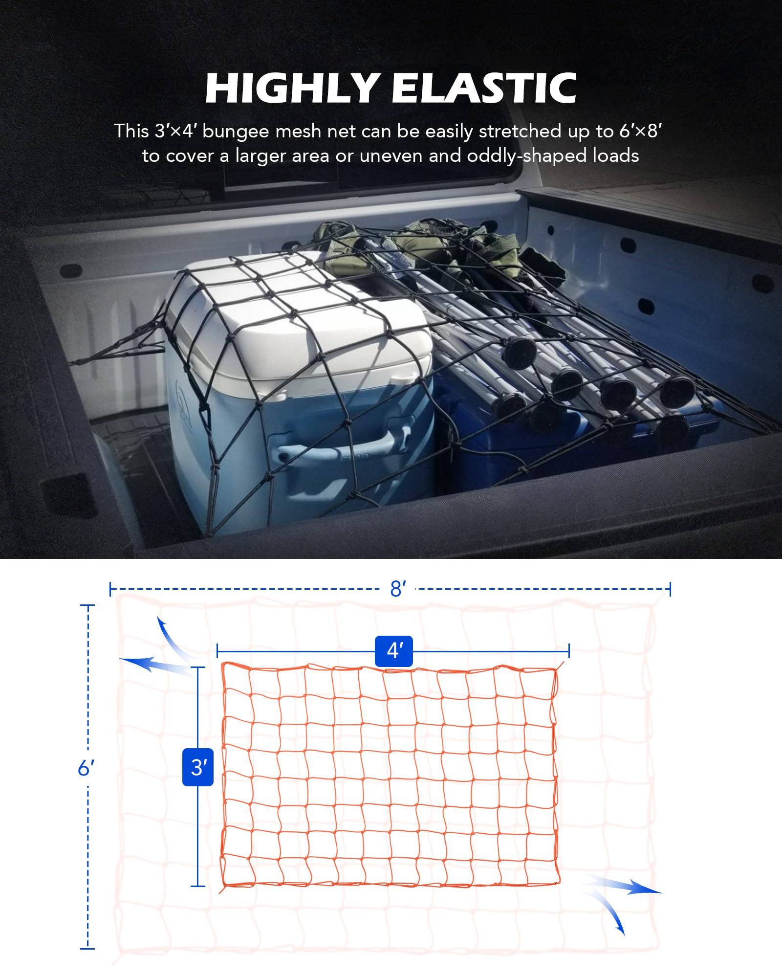 Orion Motor Tech Small Cargo Net, 3 'X4 ' Cargo Net For Roof Rack With 4 ''X4 '' Small Mesh, 6 'X8 ' Max Size Truck Bed Net With