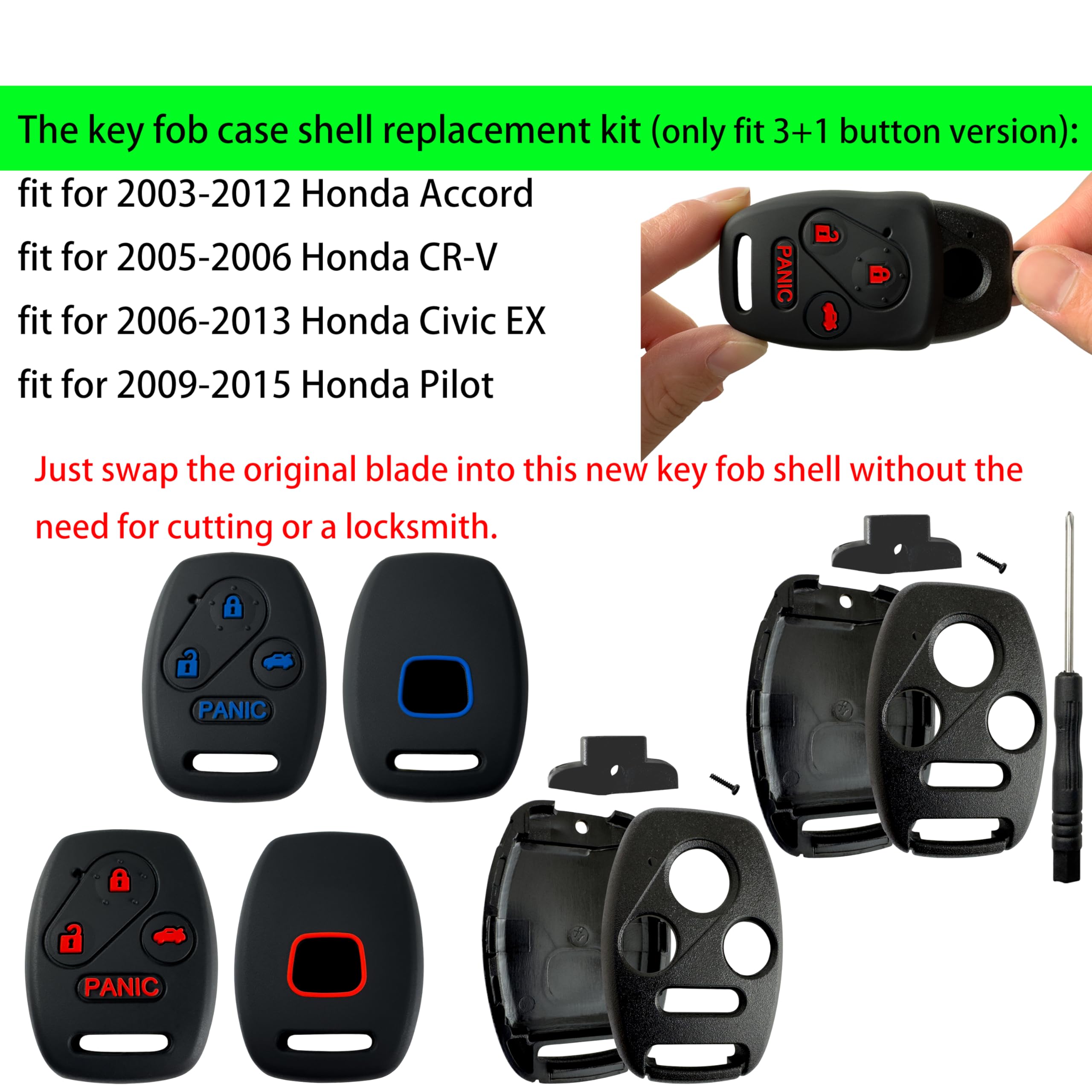 Kyhodsgn Key Fob Cover Shell For Honda 2003 - 2012 Accord 2009-2015 Pilot,3+1Button Keyless Remote Fob Case Kit Fit For 2006-201