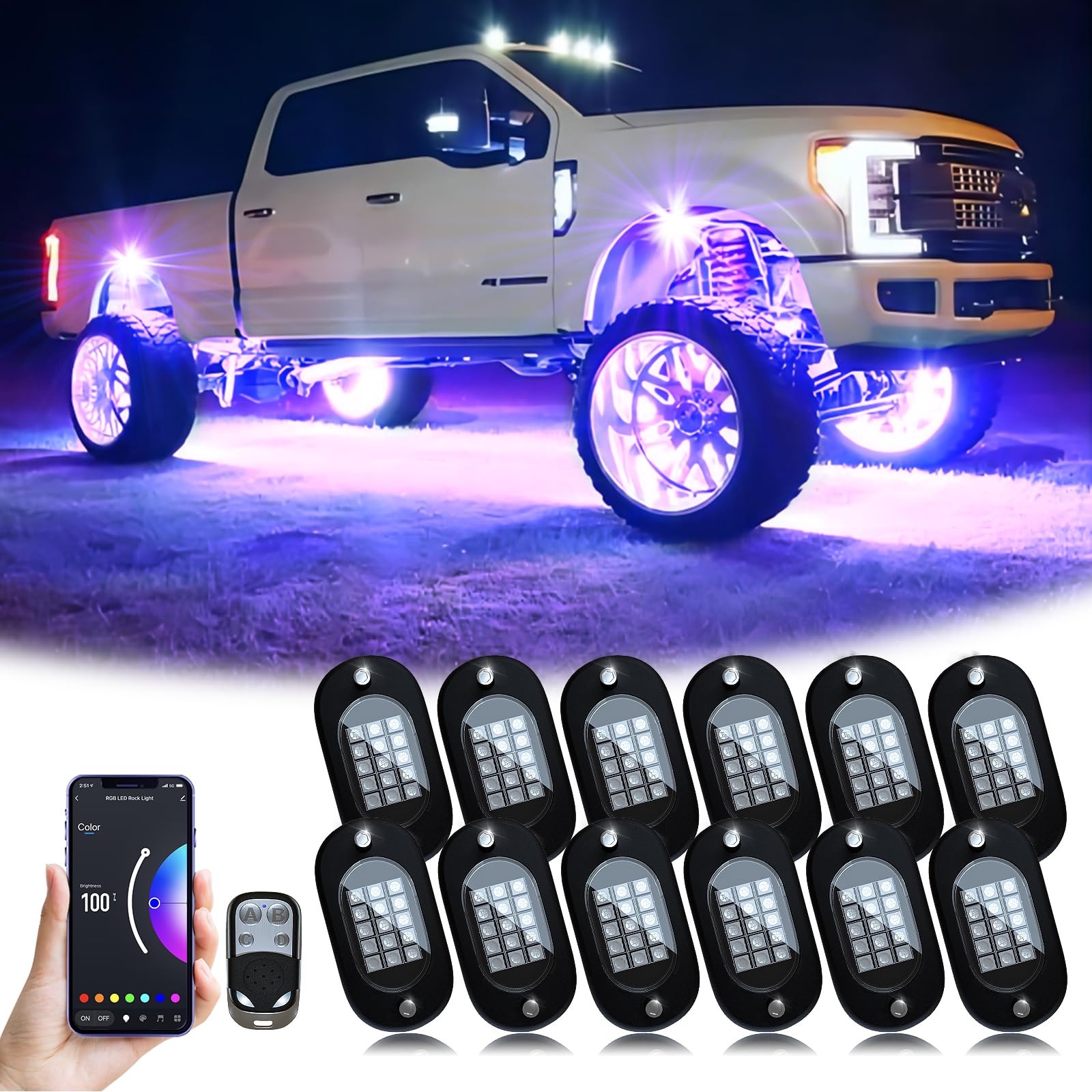 Yilaie Rgb Led Rock Lights, 180 Leds Lights With Phone App/Remote Control & Timing & Music Mode Rock Lights Kits, Waterproof Und