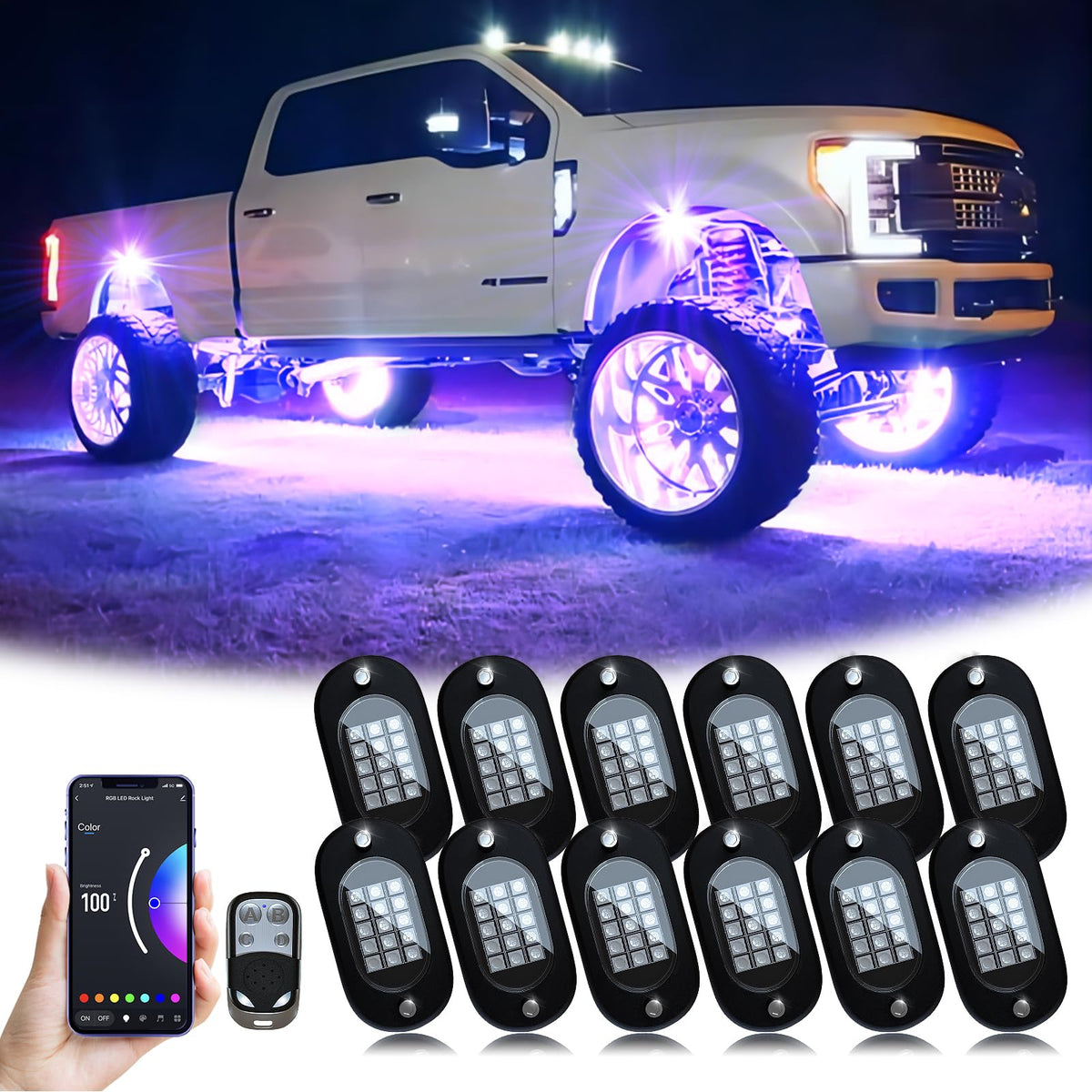 Yilaie Rgb Led Rock Lights, 180 Leds Lights With Phone App/Remote Control & Timing & Music Mode Rock Lights Kits, Waterproof Und
