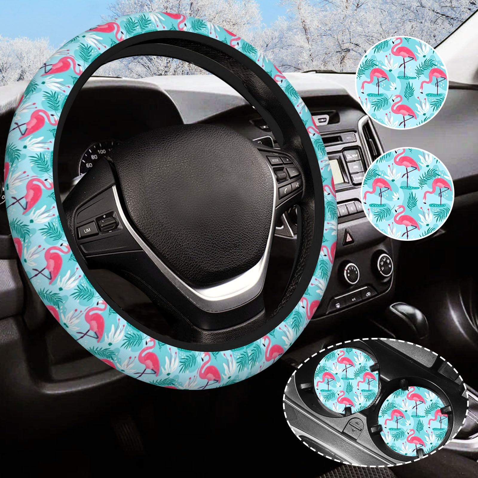 Flamingo Gifts for Women Steering Wheel Cover for Women Men with 2 Pcs Car Coasters, Universal 14.5-15 Inch Rainbow Steering Whe