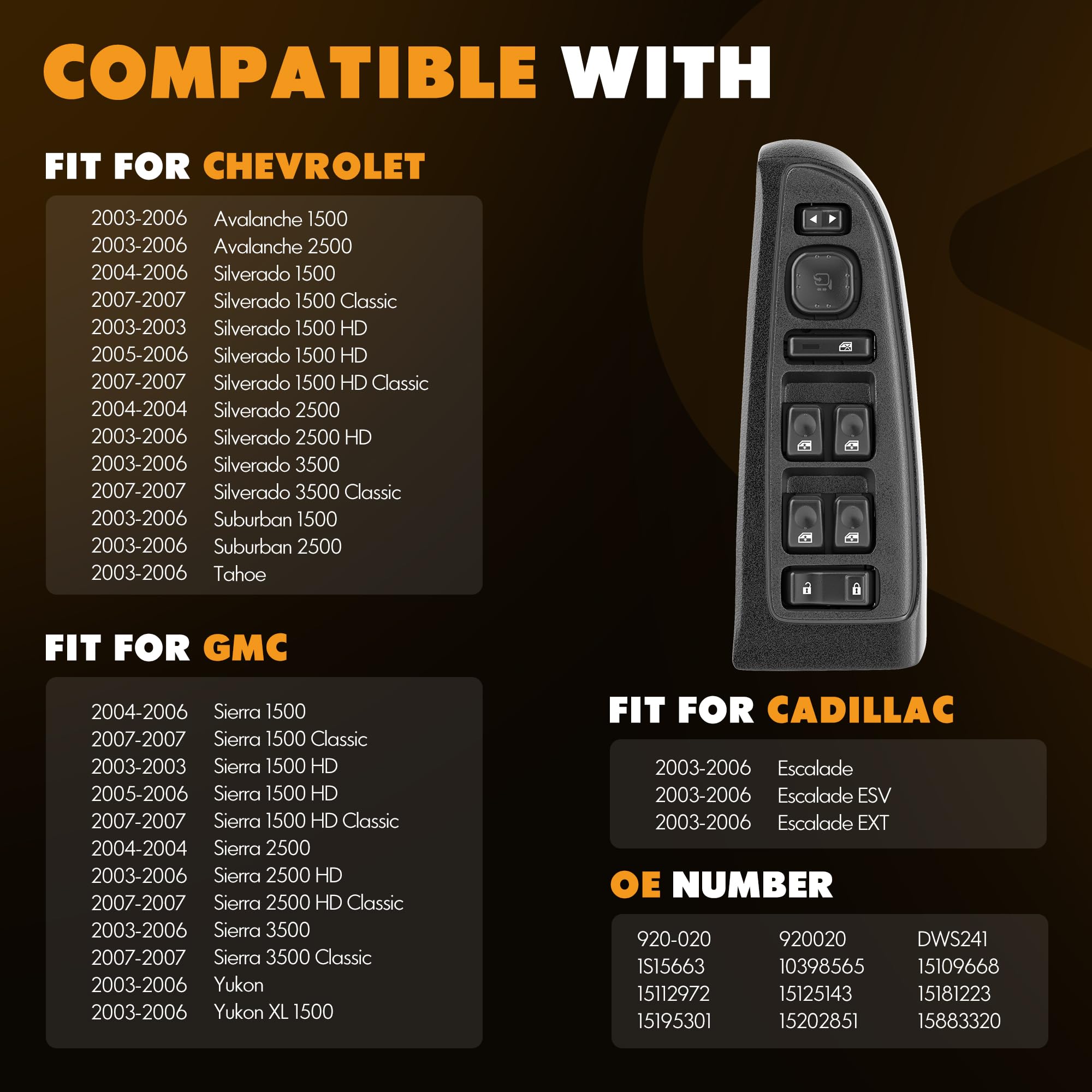 15883320 Driver Side Door Lock and Power Window Switch & Black Bezel Assembly with Mirror Switch Fit for 2003-2007 Chevy Avalanc