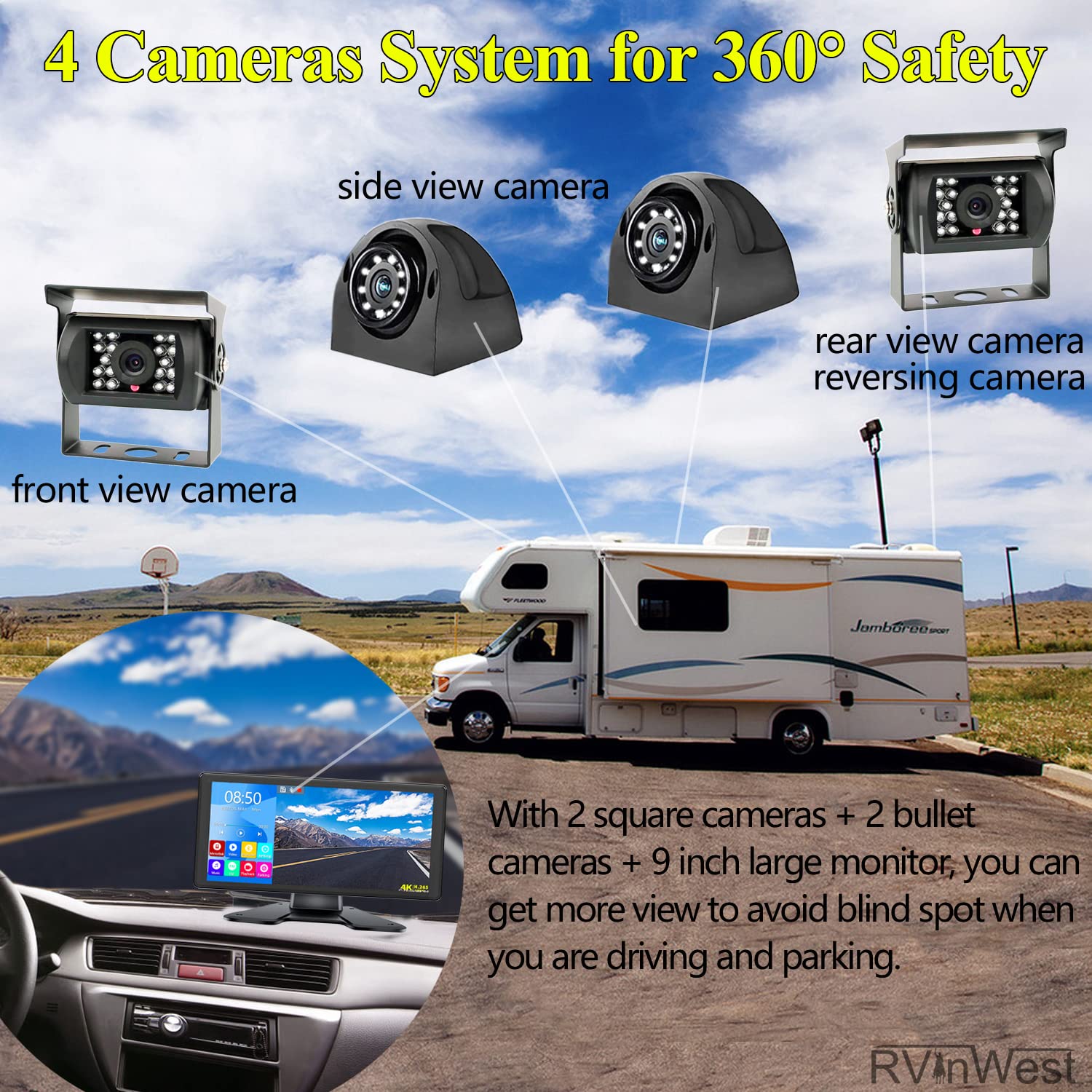 Rvinwest 4K Rv Camera System, Touch Screen 10.36 Inch Dvr Quad 4 Split Screen Monitor With Bluetooth Mp3 Mp4 + Ip69 Night Vision