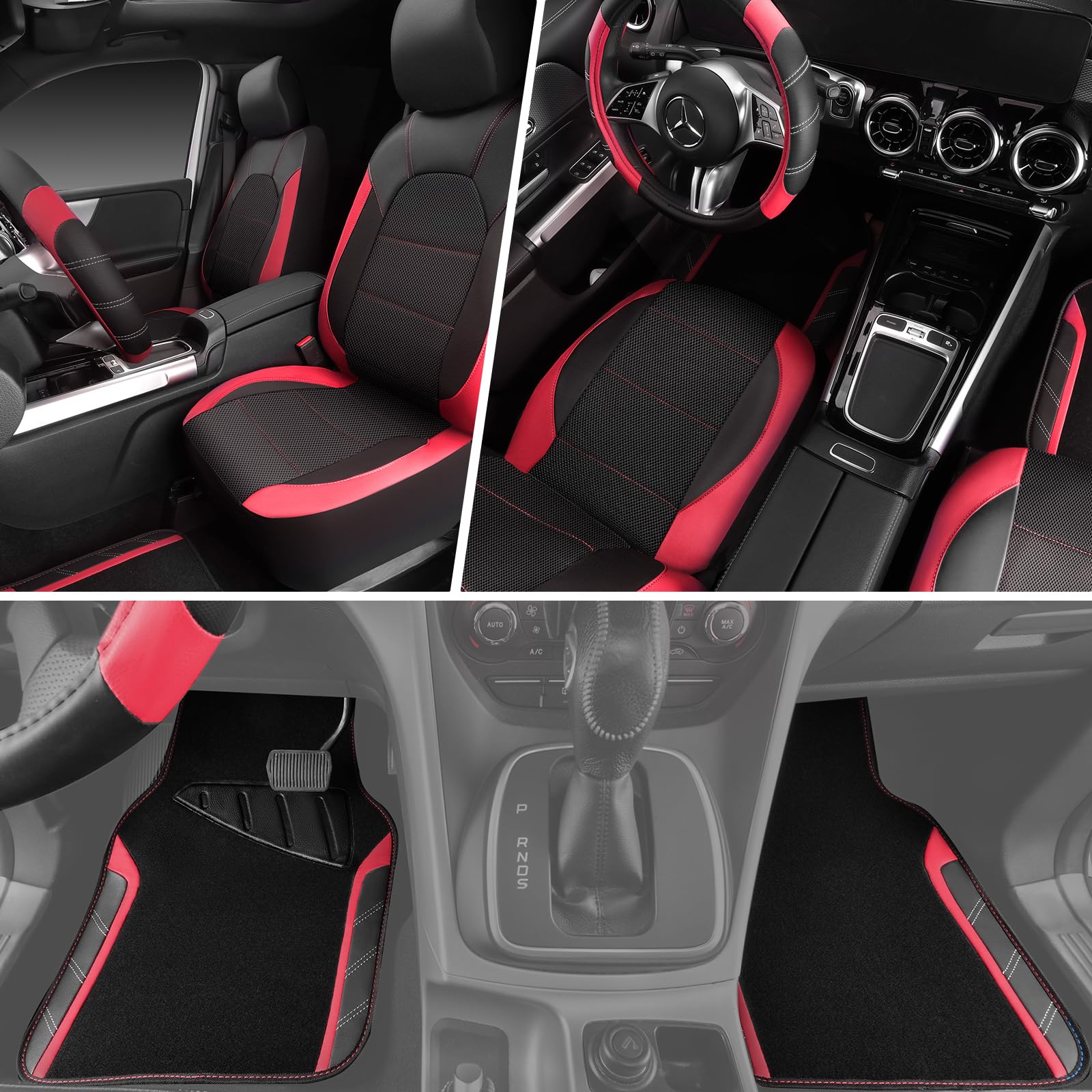 Car Pass Air Mesh Leather Car Seat Covers For Front Seats, Waterproof Car Floor Mats, Sporty Steering Wheel Cover, Universal Fit