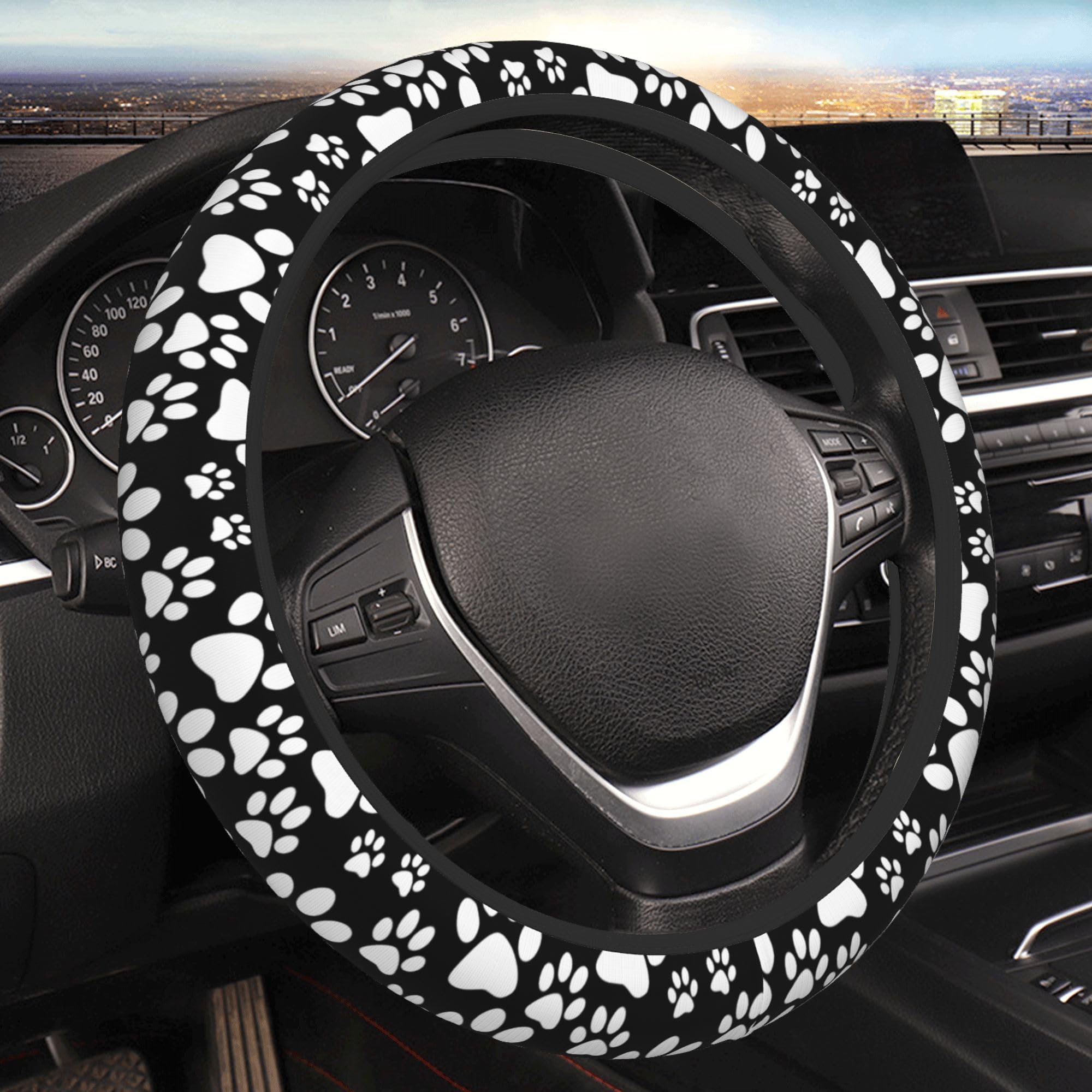 Lovely Black White Dog Paws Print Steering Wheel Cover Anti-Slip Universal 15 inch Cute Car Steering Wheel Cover for Women Girls