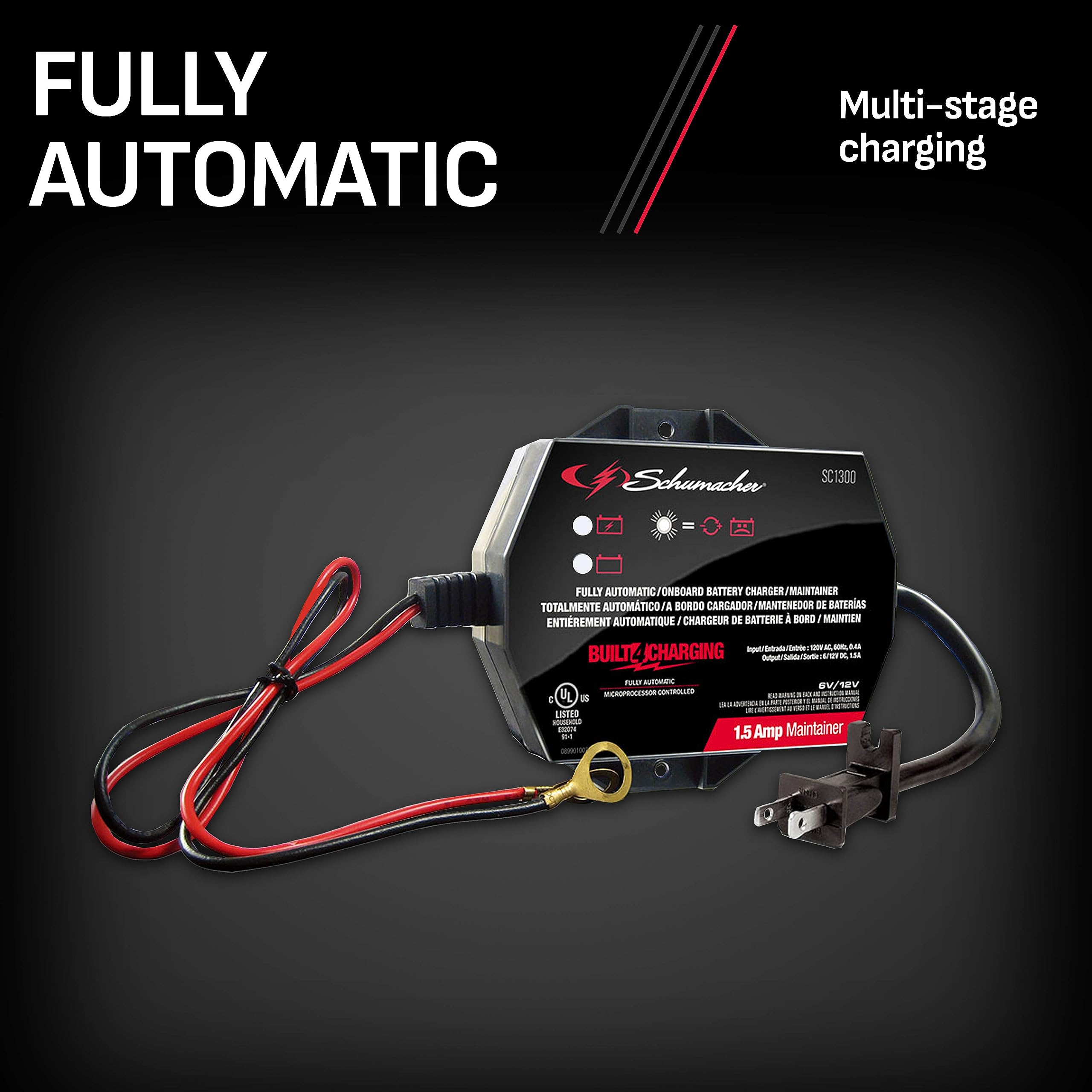 Schumacher Sc1300 Fully Automatic Direct-Mount Under-The-Hood Battery Charger/Maintainer With Battery Detection - 1.5 Amp, 6V/12V - For Cars, Motorcycles, Lawn Tractors, Power Sports