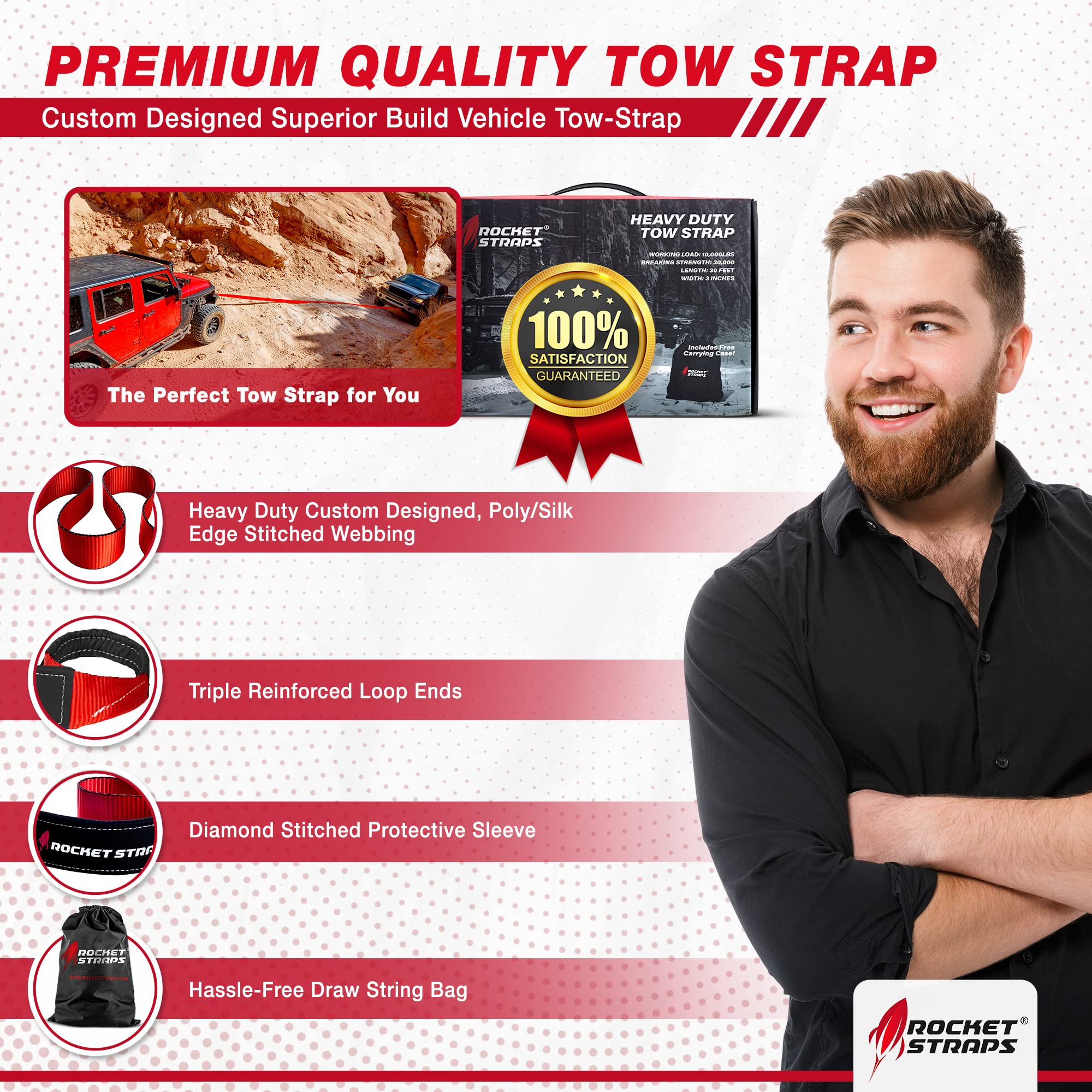 Rocket Straps Tow Strap - Premium Heavy Duty 3'' x 30' Recovery Tow Strap | 30,000 LBS Capacity Recovery Strap | Vehicle Tow Str