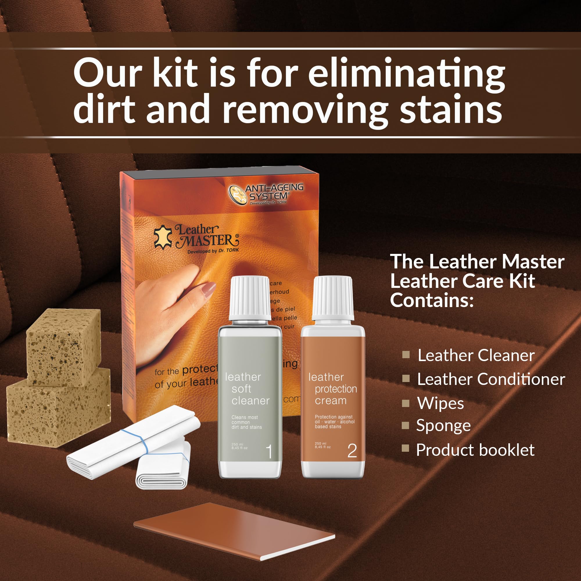 Leather Master Leather Care Kit - 250 ML Cleaner & Conditioner for Car Seats, Furniture, Purses & Jackets - Includes Sponge & Wipes