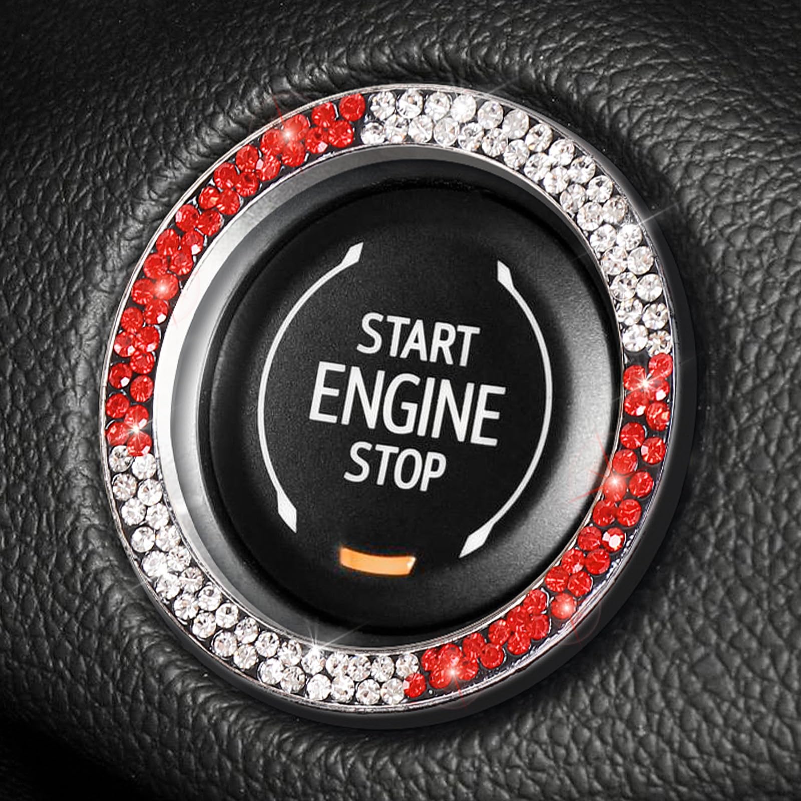Tobequeen White And Red Bling Push To Start Button Ring Emblem Sticker, Crystal Diamond Rhinestone Start Buttone Cover Car Decor