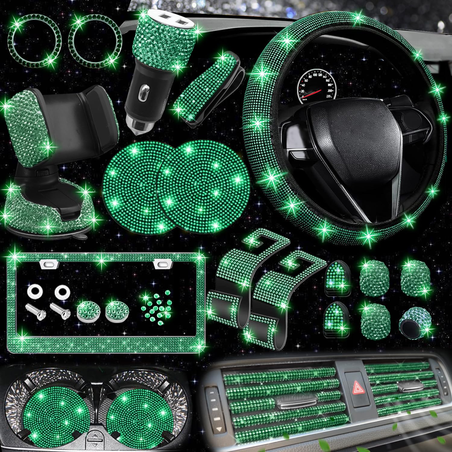 NBTEPEM 27 PCs Green Bling Car Accessories Set for Women, Bling Steering Wheel Covers Universal Fit 15 Inch, Bling License Plate
