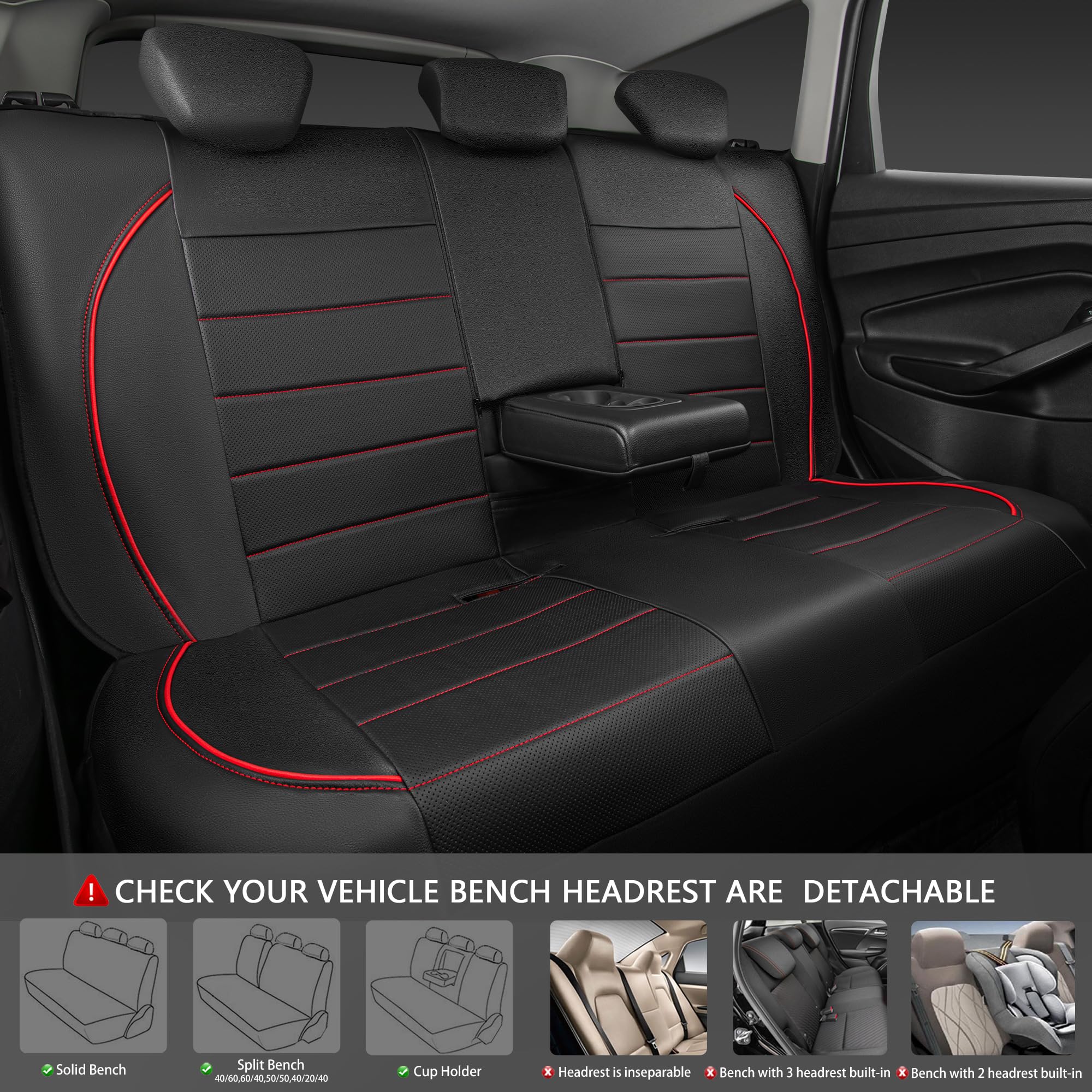 Car Pass Leather Back Seat Cover,Piping Waterproof Bench Seat Cover, Rear Seat Cover Universal Fit For Cars Sedans Suvs Truck 95