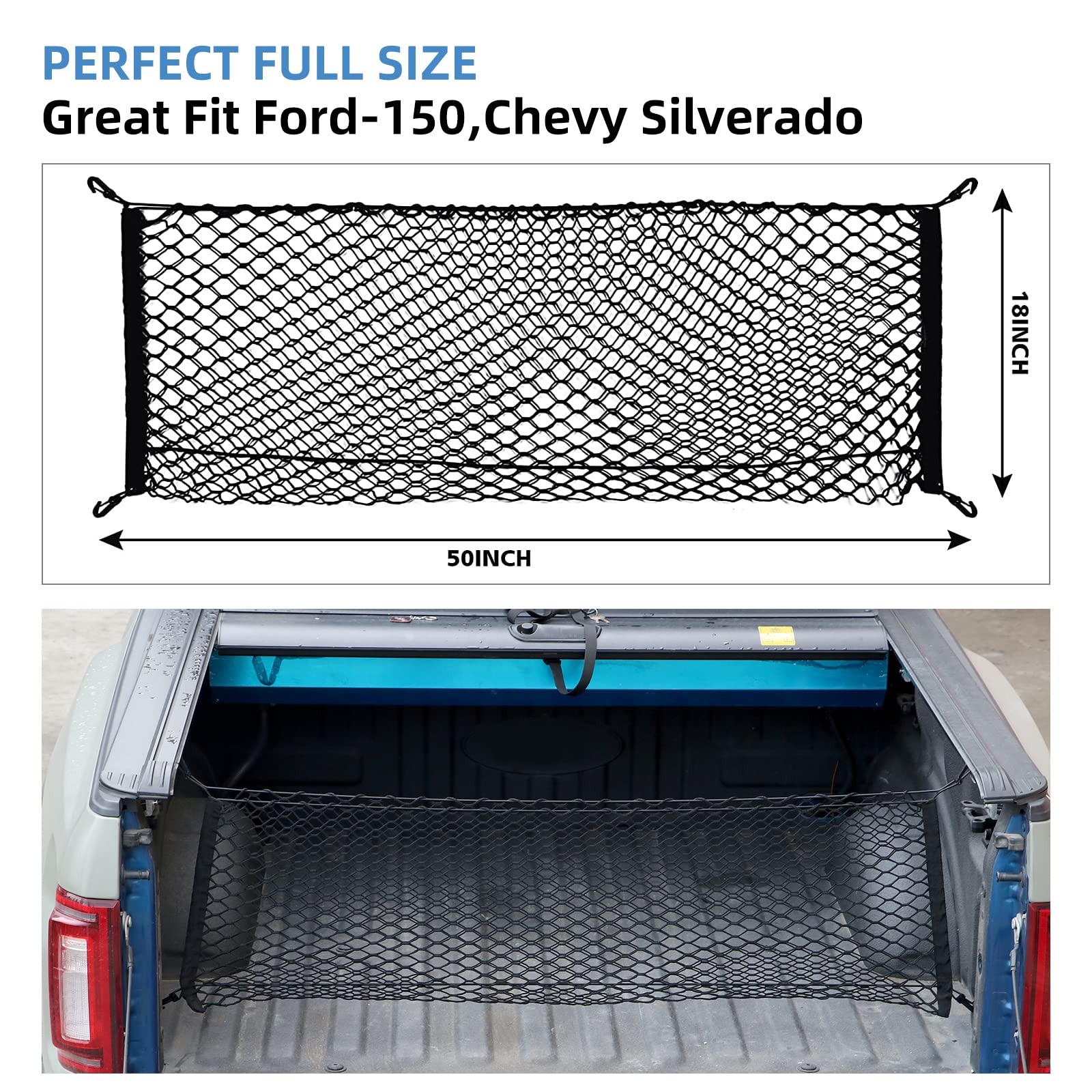 LINKCRO Black Truck Bed Cargo Net, 50” x 18”, Premium Mesh Organizer for Chevrolet Silverado, FT150, GMC - Durable Storage Solution