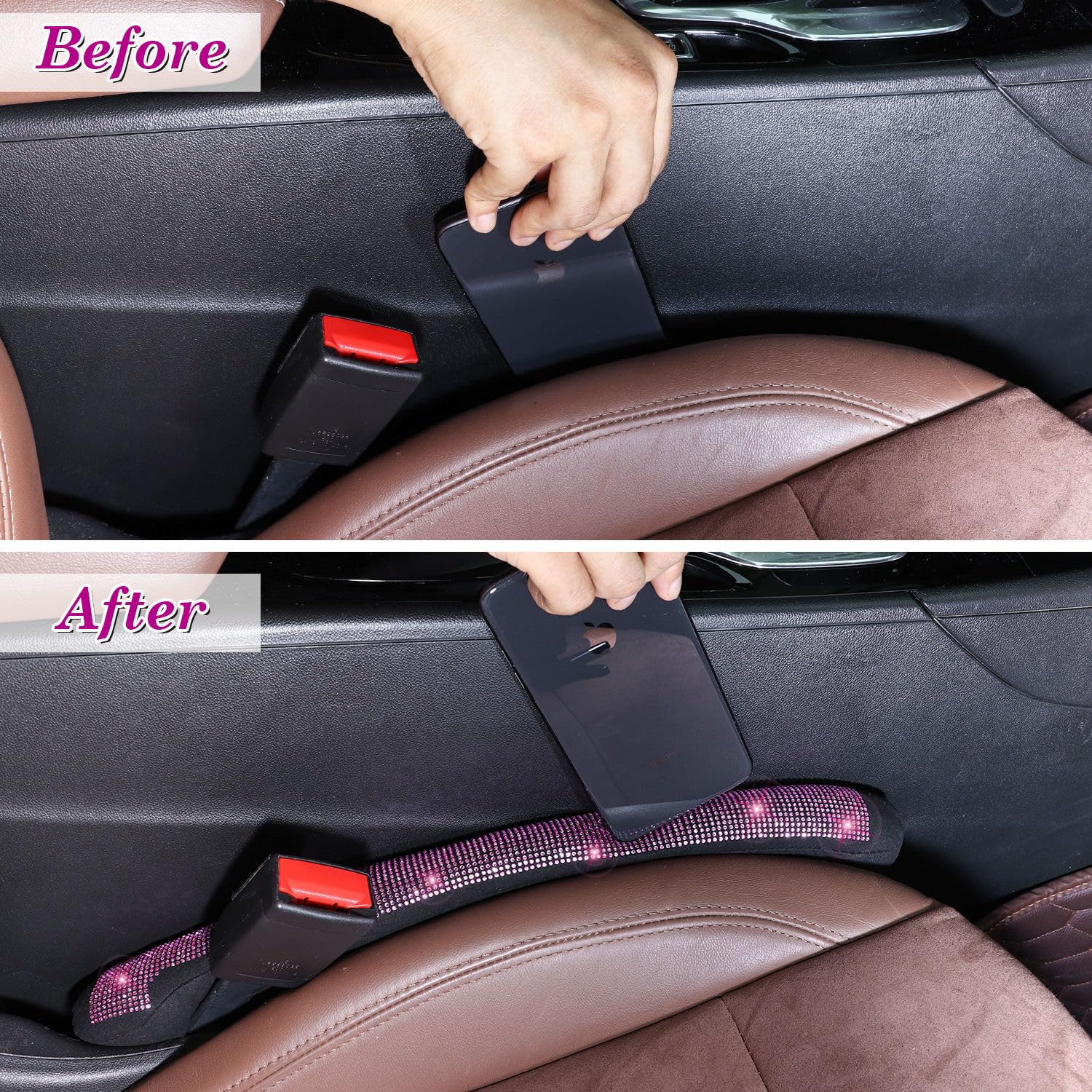Tobequeen Bling Pink Car Sear Gap Filler 2 Pack Universal Fit For Car Suv Truck, Handmade Crystal Rhinestone Diamond Car Seat Ga