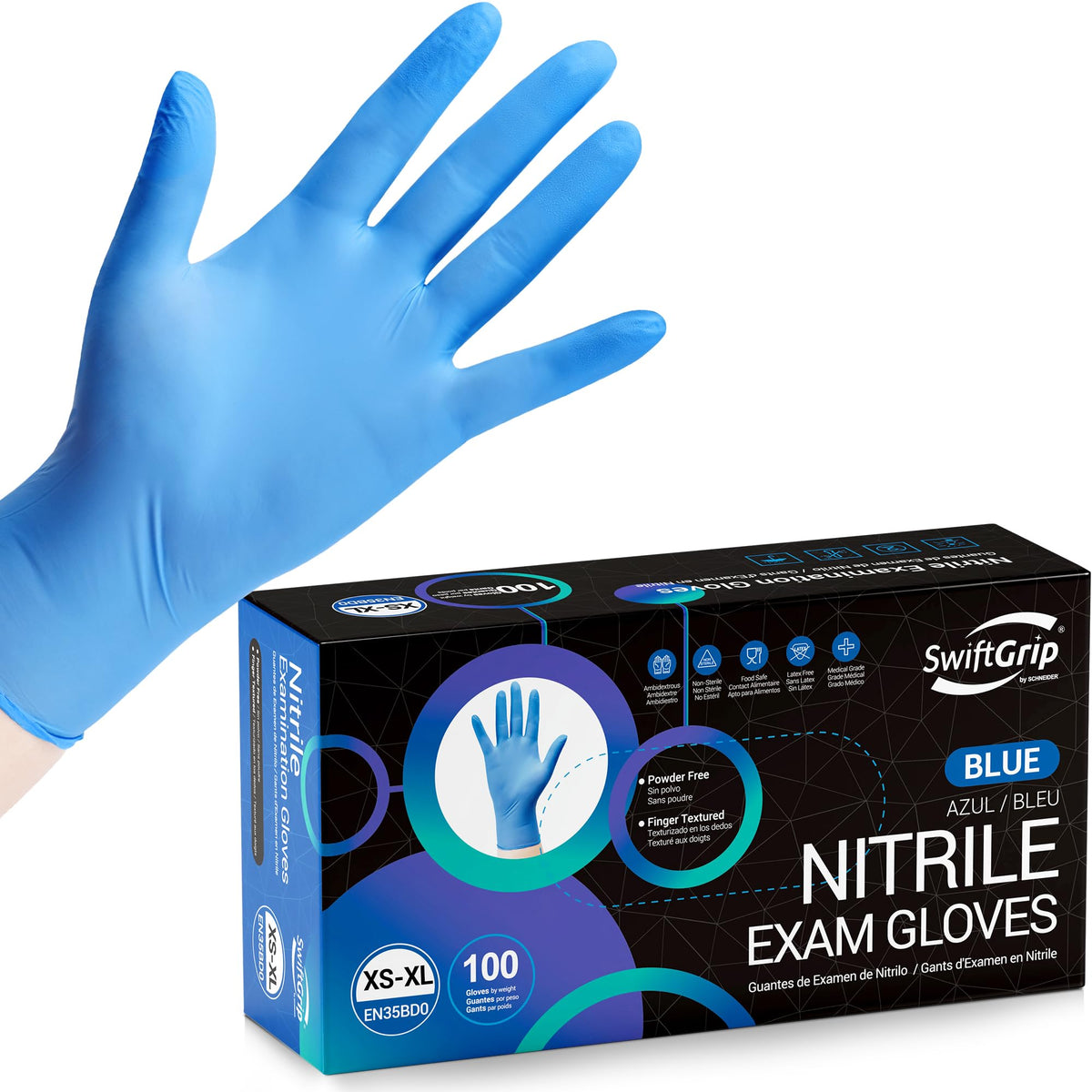 Swiftgrip Disposable Nitrile Exam Gloves, Blue, Nitrile Gloves Disposable Latex Free, Medical Gloves, Cleaning Gloves, Food-Safe Rubber Gloves, Powder Free, Non-Sterile, 100-Ct Box (Medium)