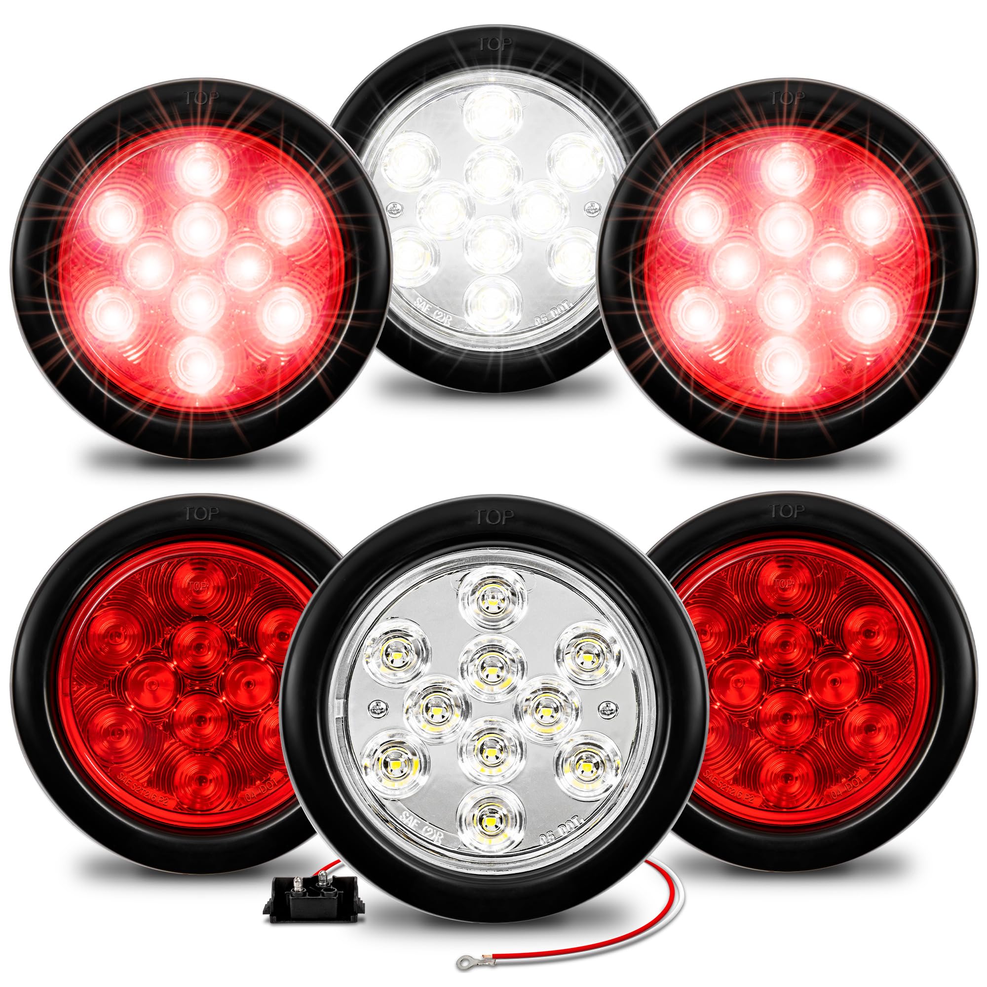 TRUE MODS 4 Red + 2 White 4 Round 10 LED Trailer Tail Light Kit [DOT Certified] [Grommet & Plug] [IP67 Waterproof] Stop Brake Tu