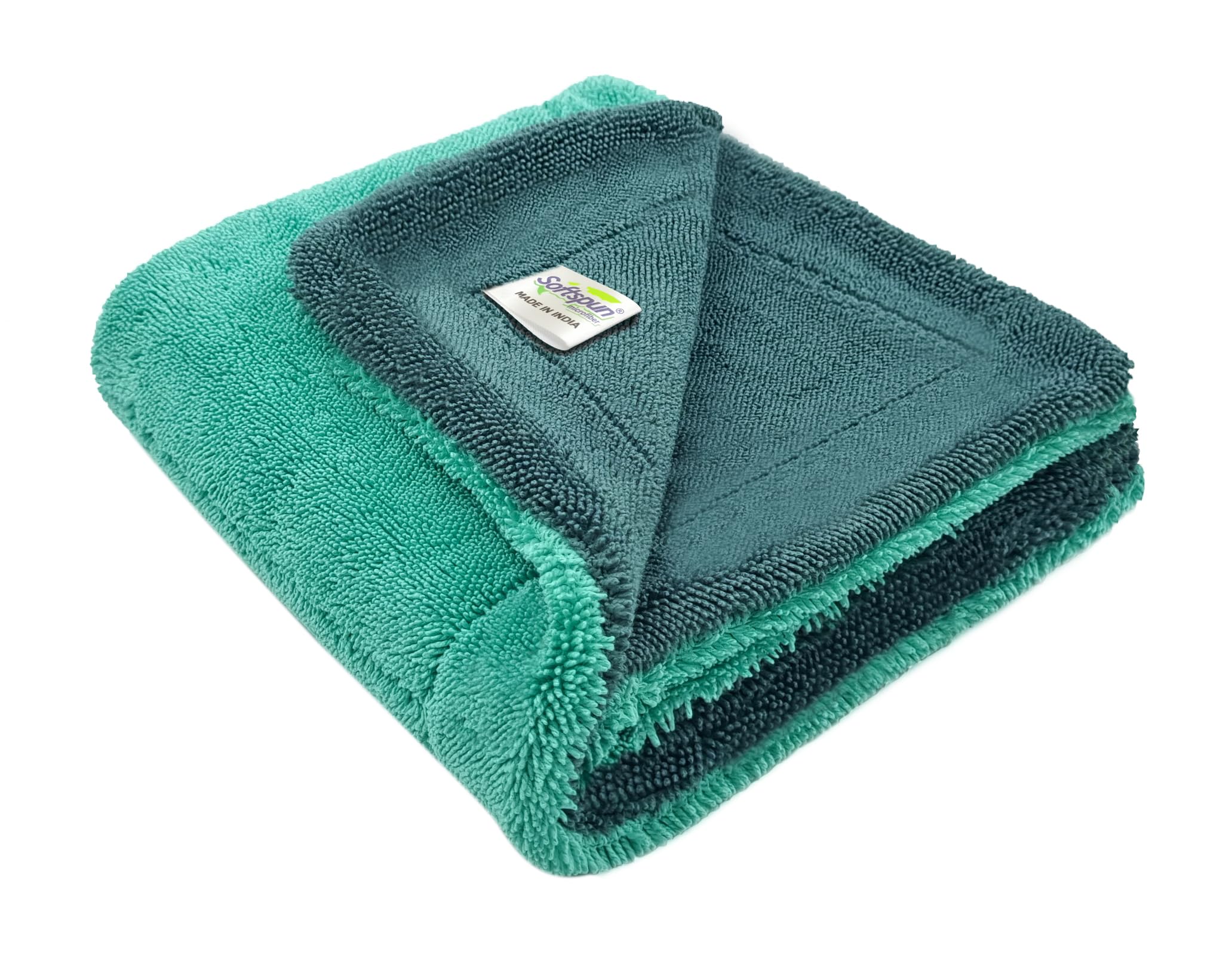 SOFTSPUN Microfiber Cloth for Car 1600 GSM 40X40 cms 1 Pcs Aqua Blue & Grey Twisted Loop Super Absorbent Towel  Edgeless Design