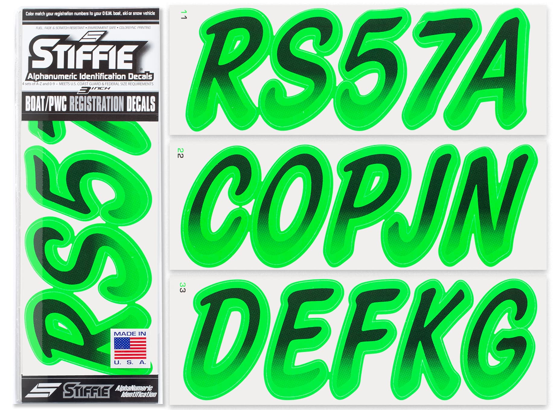 Stiffie Whipline Black/Electric Green 3 '' Boat & Pwc Registration Decals  Numbers Letters Stickers