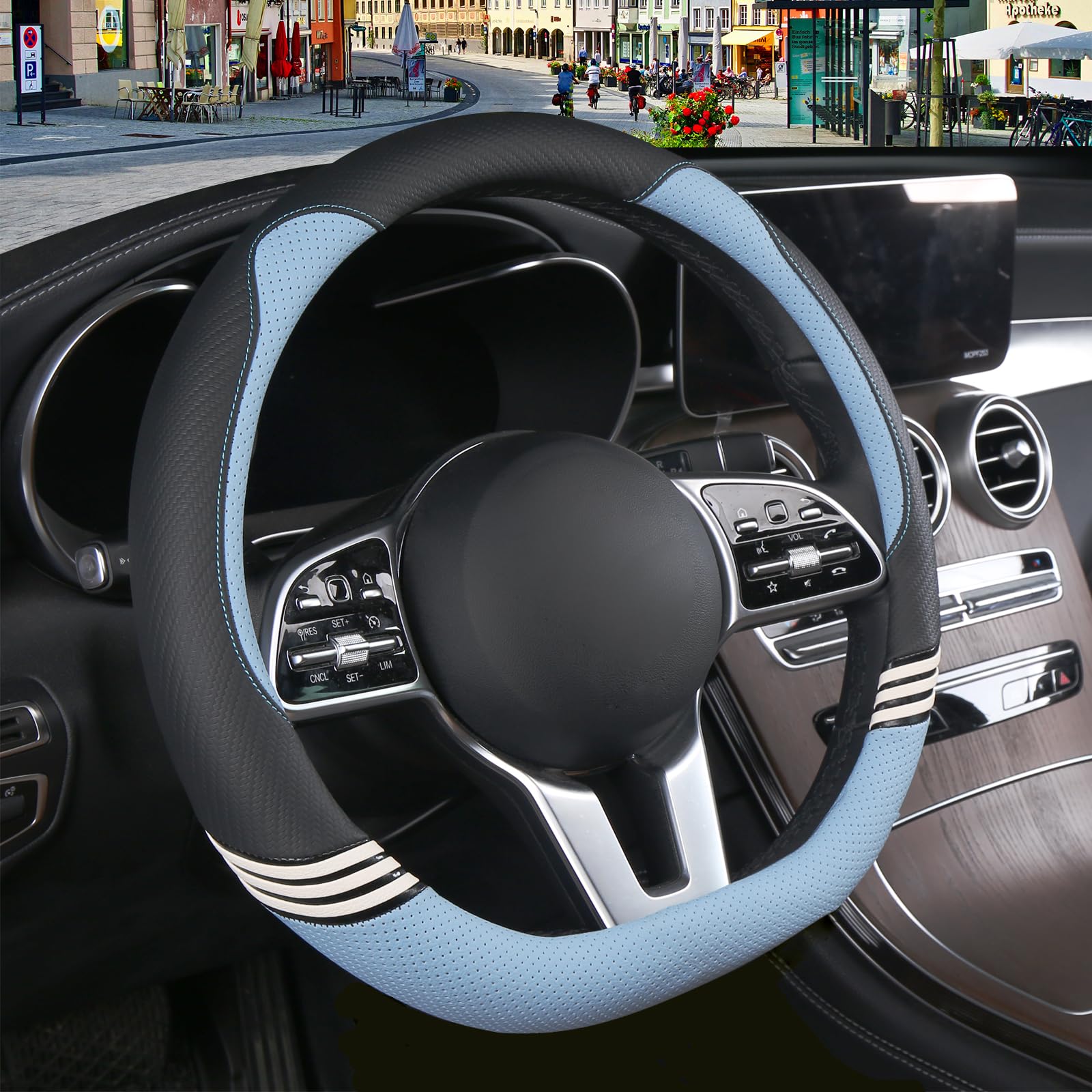 Binsheo Cute Steering Wheel Cover D Shape For Women Men Breathable Universal 15 Inch,Black And Blue