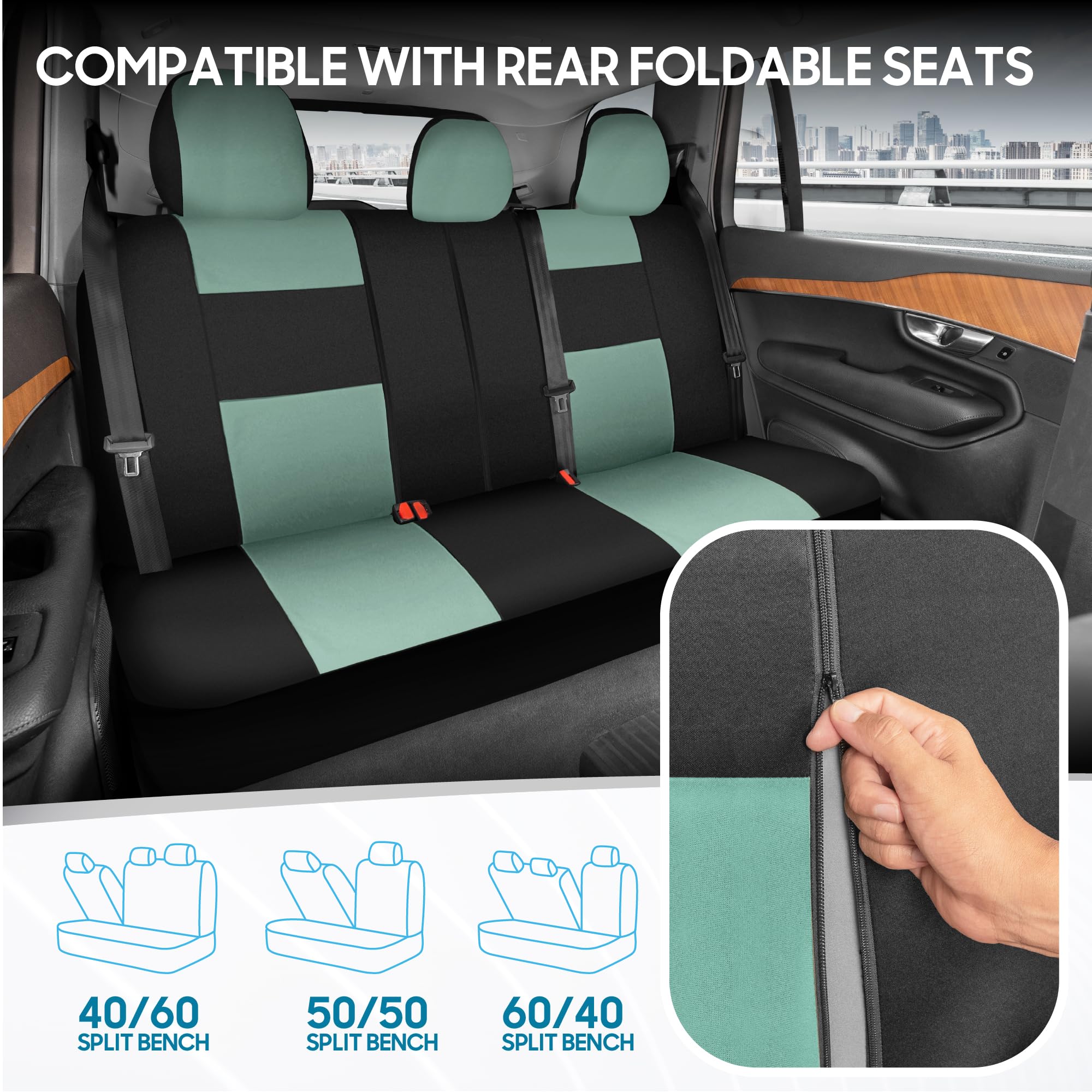 BDK PolyPro Car Seat Covers Full Set in Mint on Black - Front and Rear Split Bench Seat Covers Accessories for Auto Trucks Van S