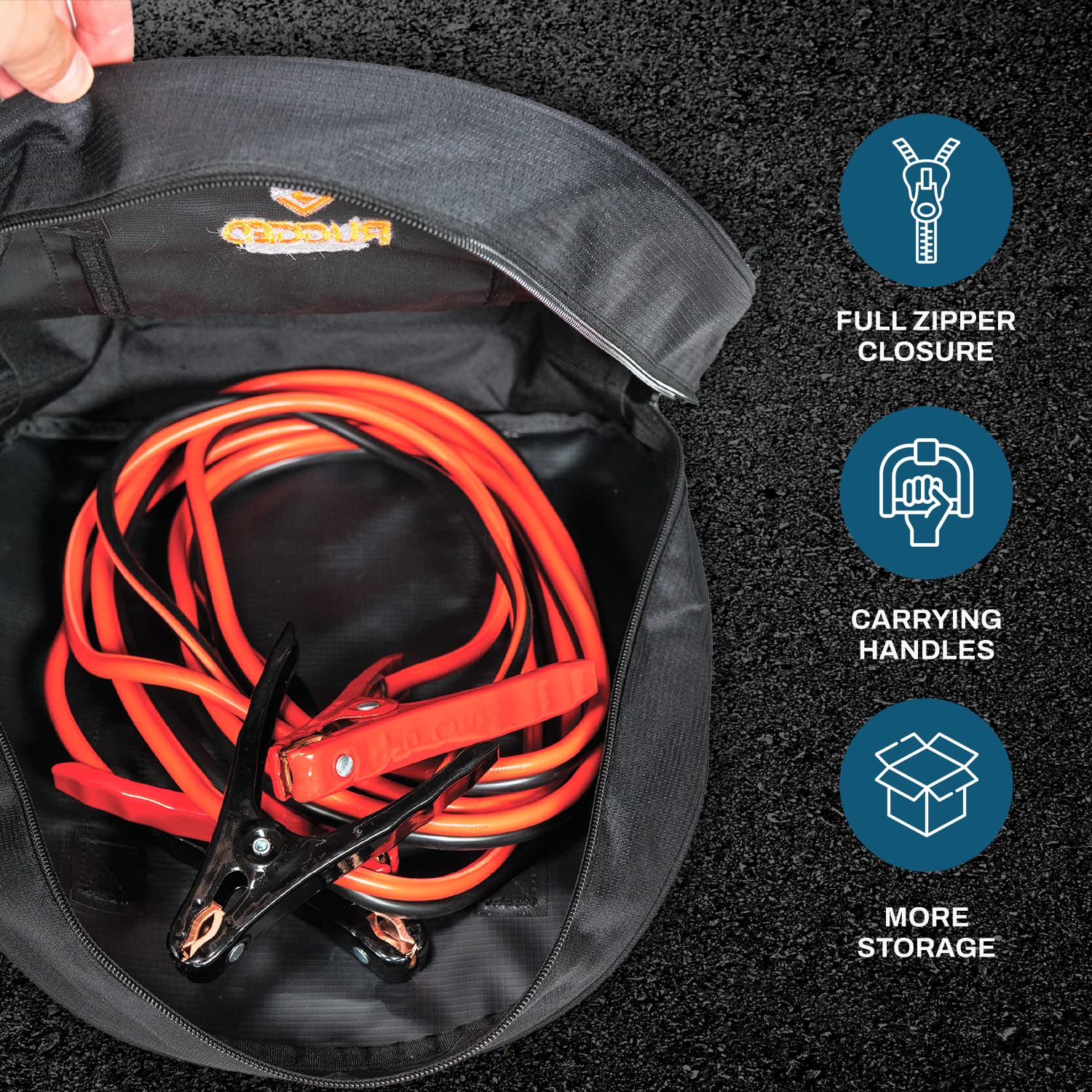 Rugged Tools Cable Bag - Jumper Cable Bag - Storage & Organizer For Cables, Cords, And Hoses Including Ev Charging Cables For El