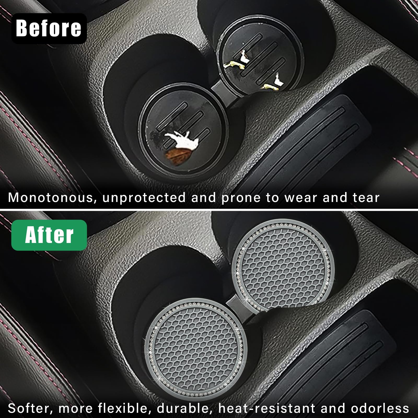 Ziciner 4 Pack Bling Car Cup Coaster, Crystal Soft Rubber Cup Holder Insert Coaster, Anti-Slip Rhinestone Drink Cup Mat, Univers