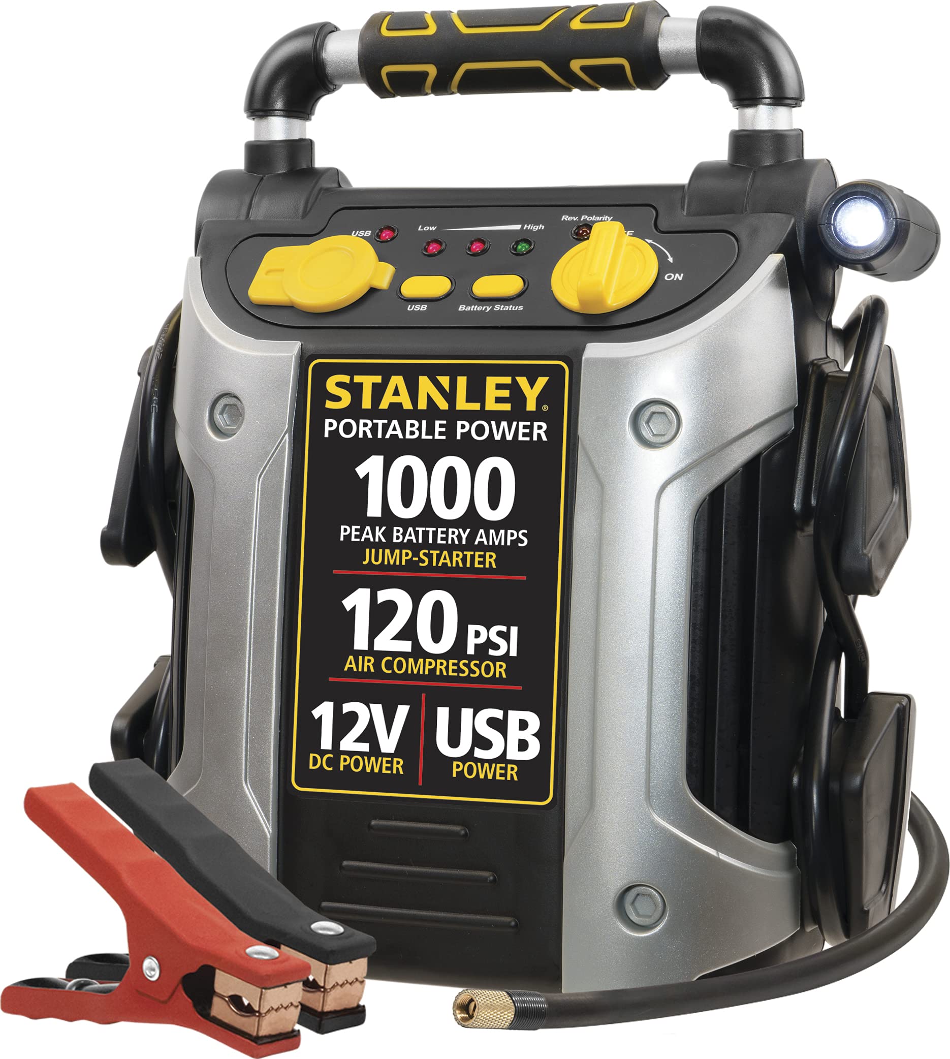 STANLEY J5C09 Portable Power Station Jump Starter 1000 Peak Amp Battery Booster, 120 PSI Air Compressor, USB Port, Battery Clamp