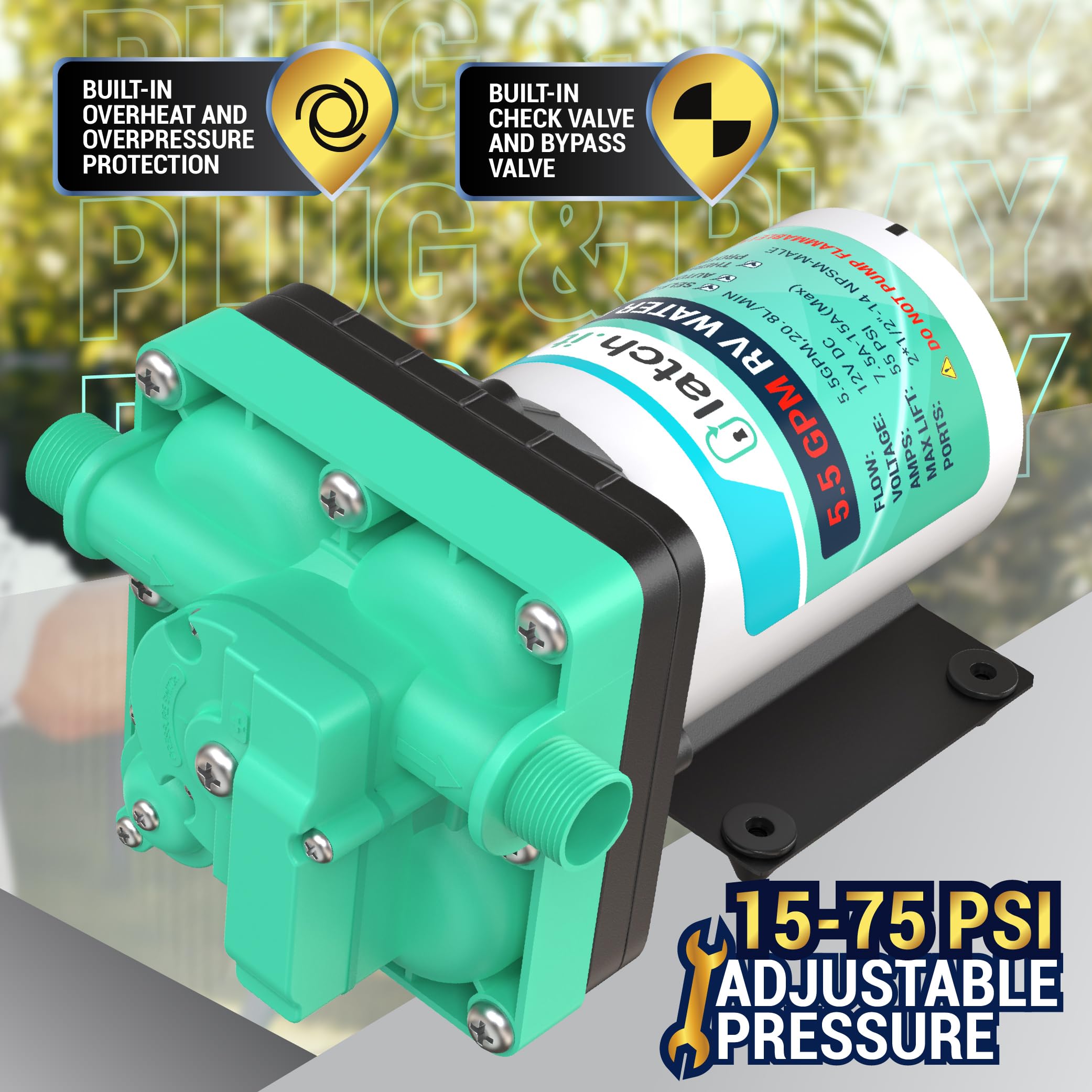 LATCH.IT RV Water Pump 12V | 5.5 GPM 50 PSI Camper Water Pump | 7 Ampere 12V WaterPump | Self Priming 12Volt WaterPump with Pres