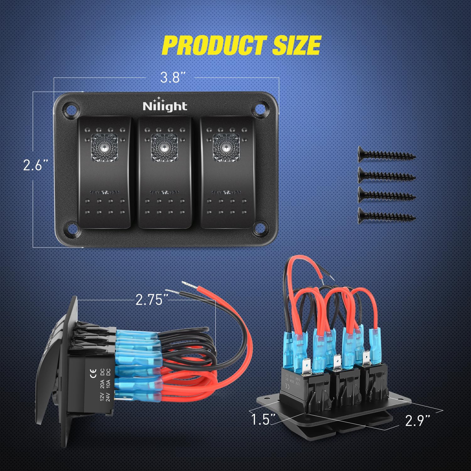 Nilight 3 Gang Aluminum Rocker Switch Panel 5 Pin On Off Pre-Wired Pinkish Purple Toggle Switch Spst 12V 24V Night Glow Stickers