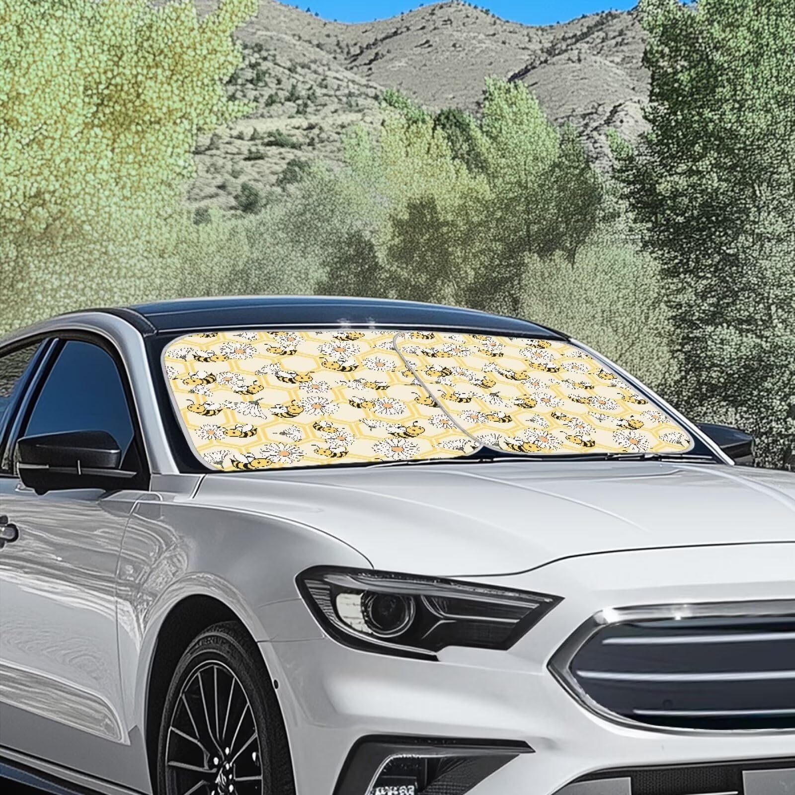 Renewold Bee Daisy Pattern Car Windshield Sun Shade Shield Portable Auto Sunshade Vehicles Sun Visor Fits For Most Sedan Van Suv