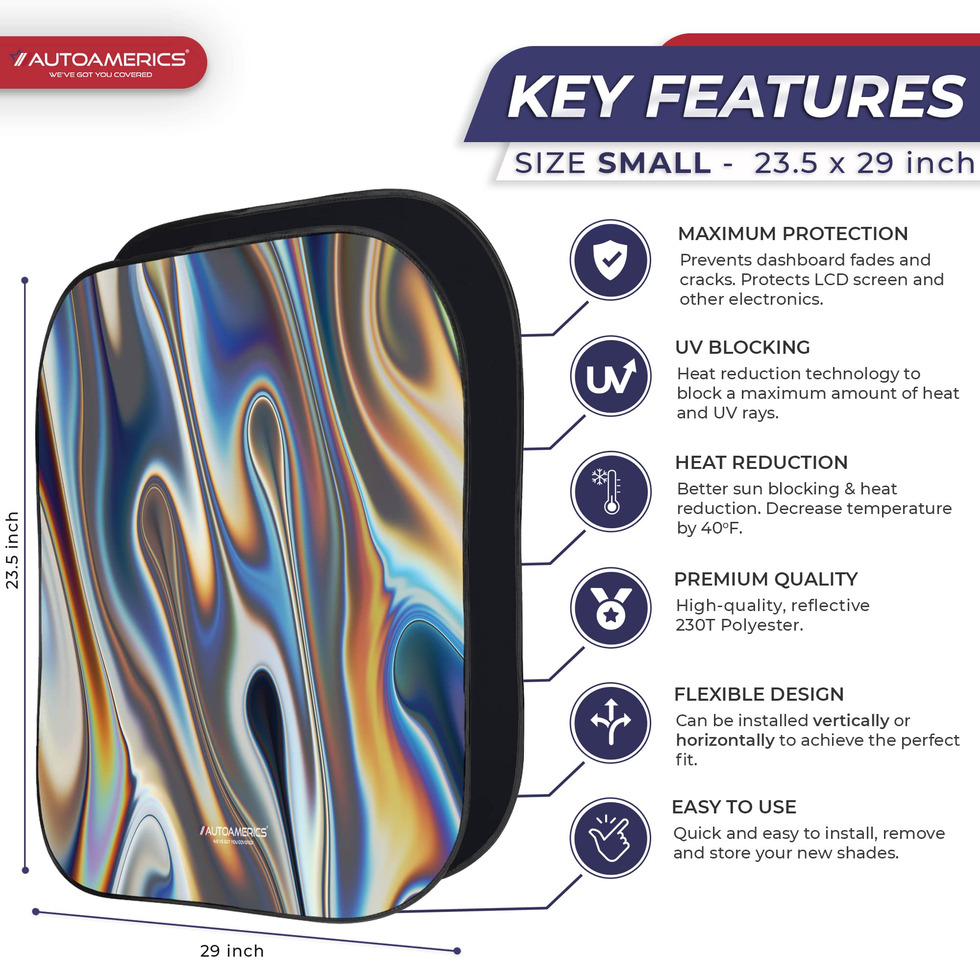 Autoamerics 2-Piece Windshield Sun Shade - Chrome Liquid Foldable Car Front Window Sunshade for Most Cars SUV Truck Heat Blocker