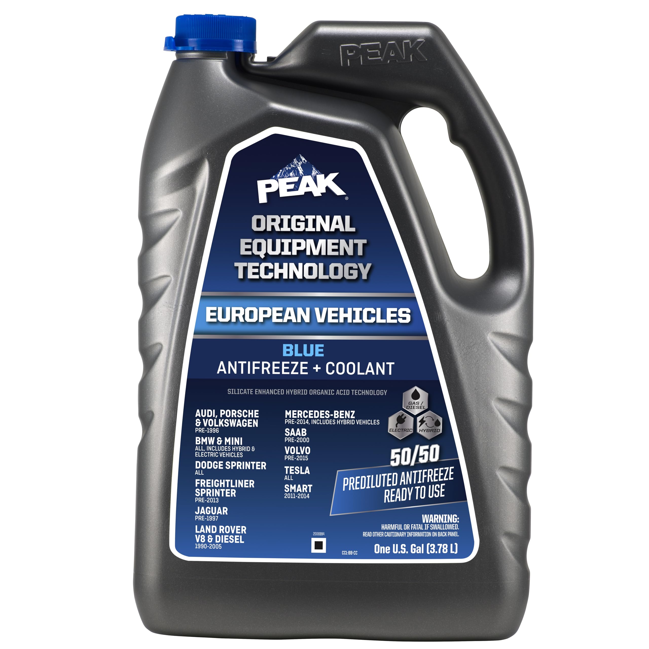 Peak Oet Extended Life Blue 50/50 Prediluted Antifreeze/Coolant For European Vehicles, 1 Gal.
