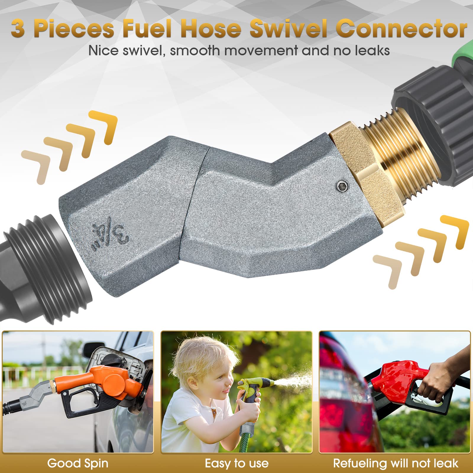 3 Pcs Fuel Hose Swivel Zinc Alloy 360 Rotating Connector for Fuel Transfer Pump Nozzle Multi Plane Fuel Plane Swivel Kit (3/4 In