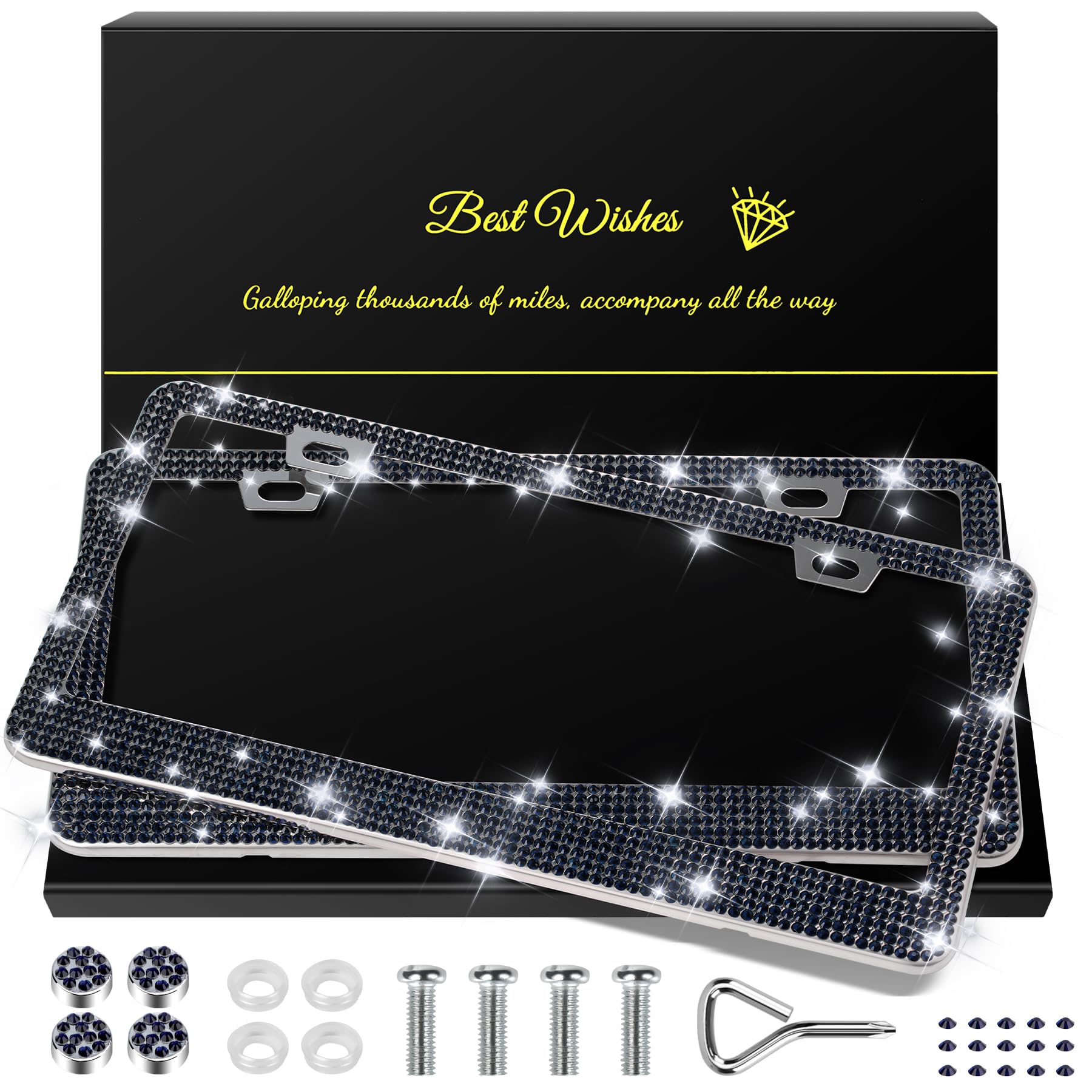 Quanqiufei 2 Pack Bling License Plate Frames For Women, Sparkly Rhinestone Diamond Car Accessories With Glitter Crystal Caps (Na
