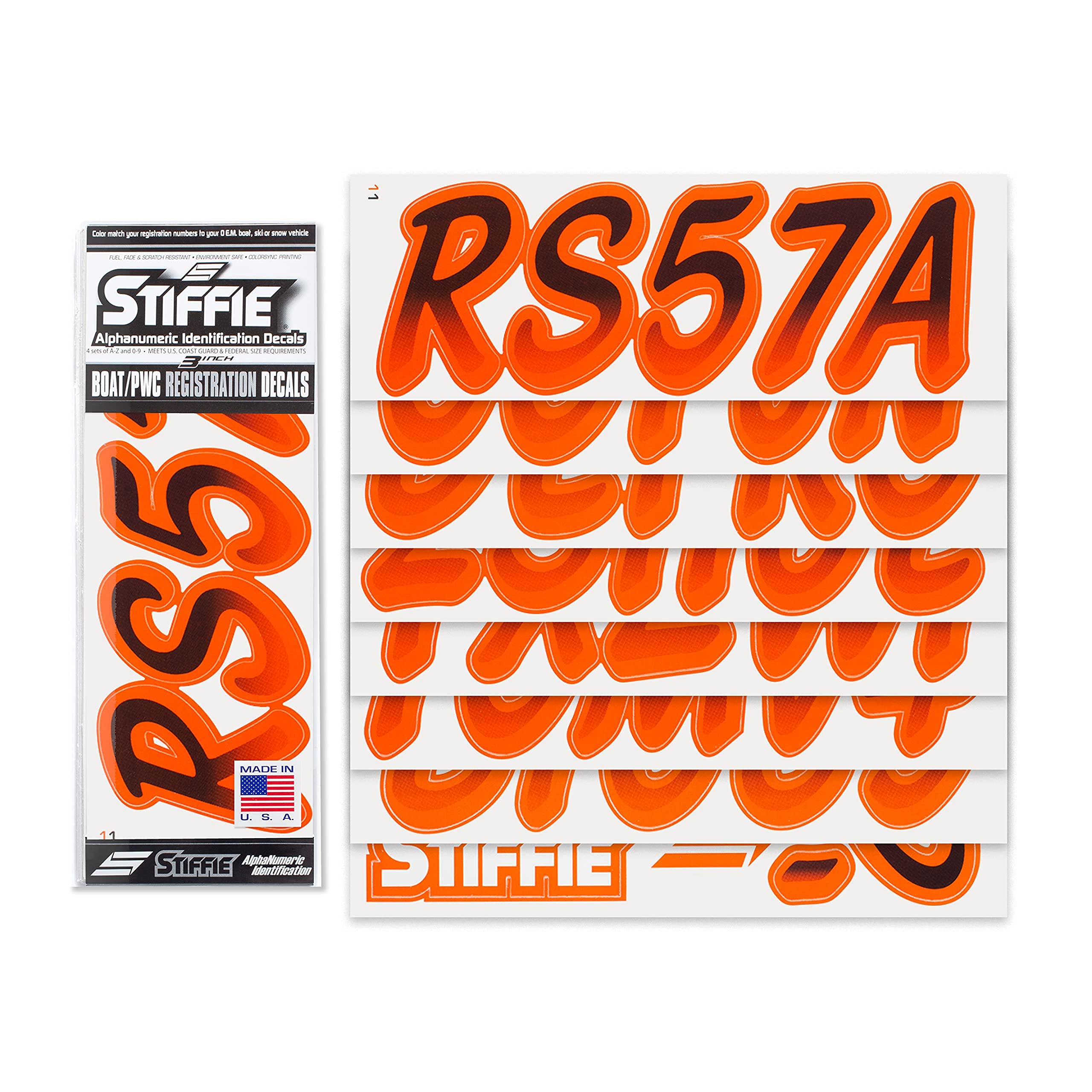 STIFFIE Whipline Black/Orange 3'' Boat & PWC Registration Decals  Numbers Letters Stickers