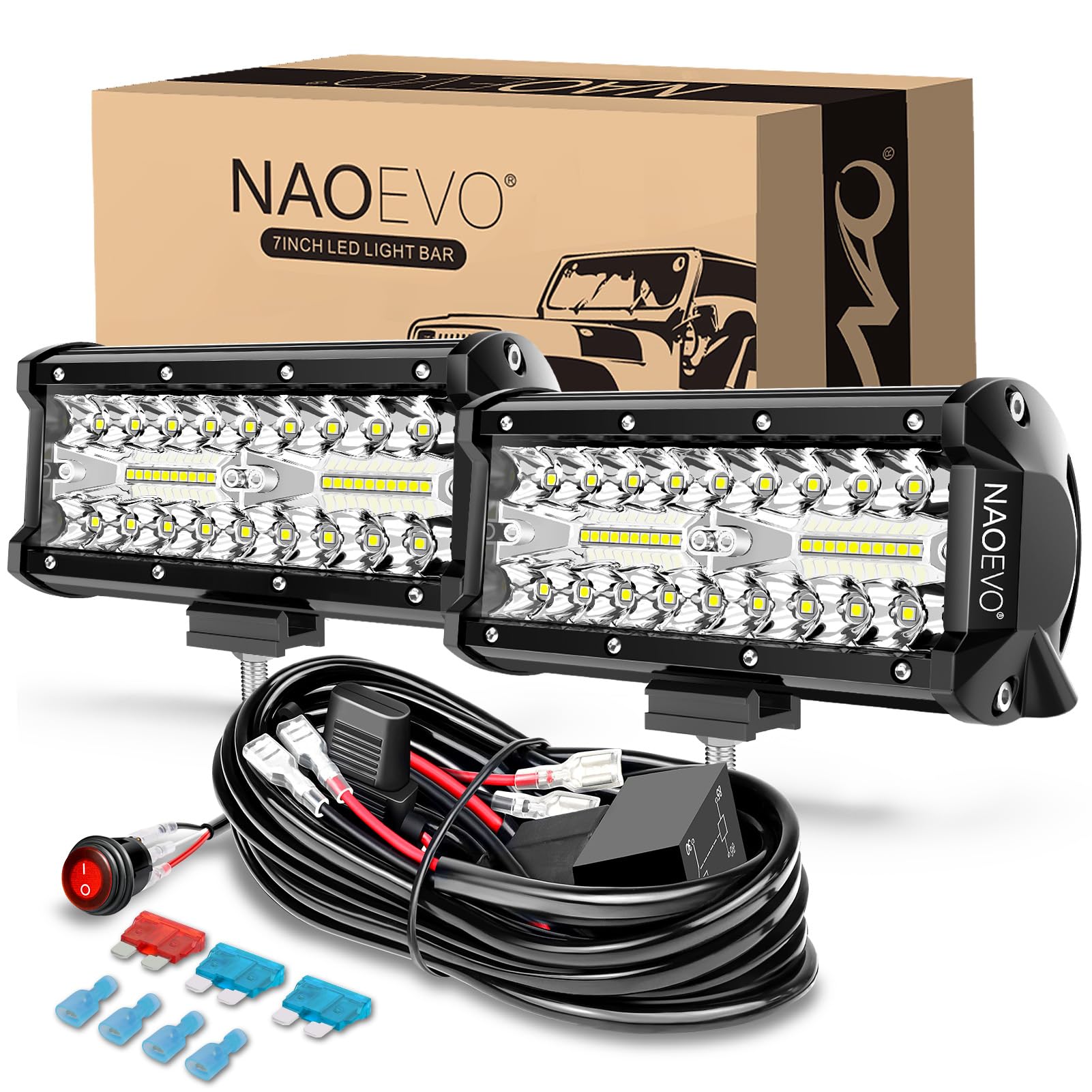Naoevo 7 Inch Led Light Bar, 240W 24,000Lm Offroad Fog/Driving Lights Led Pods With 2 Leads Wiring Harness Kit, Spot Flood Combo
