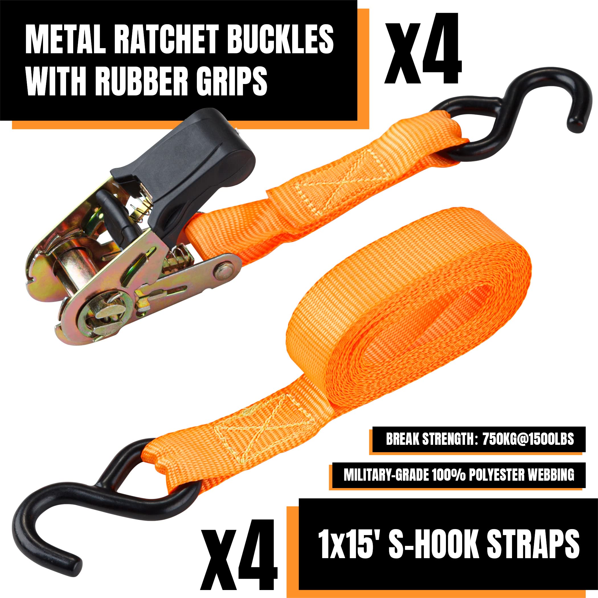 Cartman 1'' X 15' Ratchet Tie Down Up To 1500Lbs 4Pk In Carry Bag, With 18'' Soft Loop Tie-Down Straps & 32'' Bungee Cord