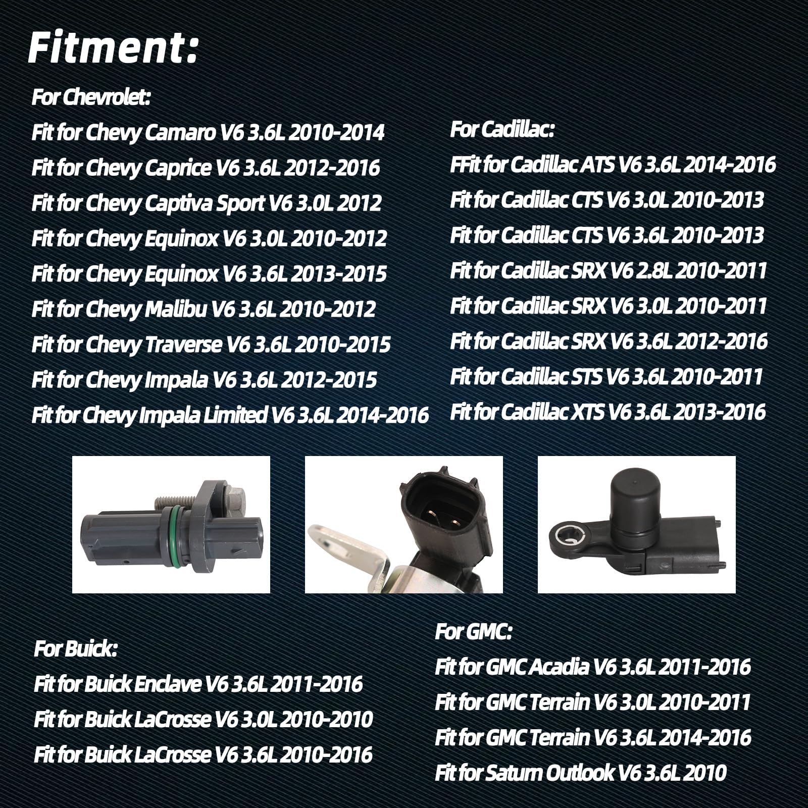 Intake+Exhaust Engine Variable Valve Timing (VVT) Solenoid+Camshaft Sensor+Engine Crankshaft Sensor Kit, for Buick, for Cadillac