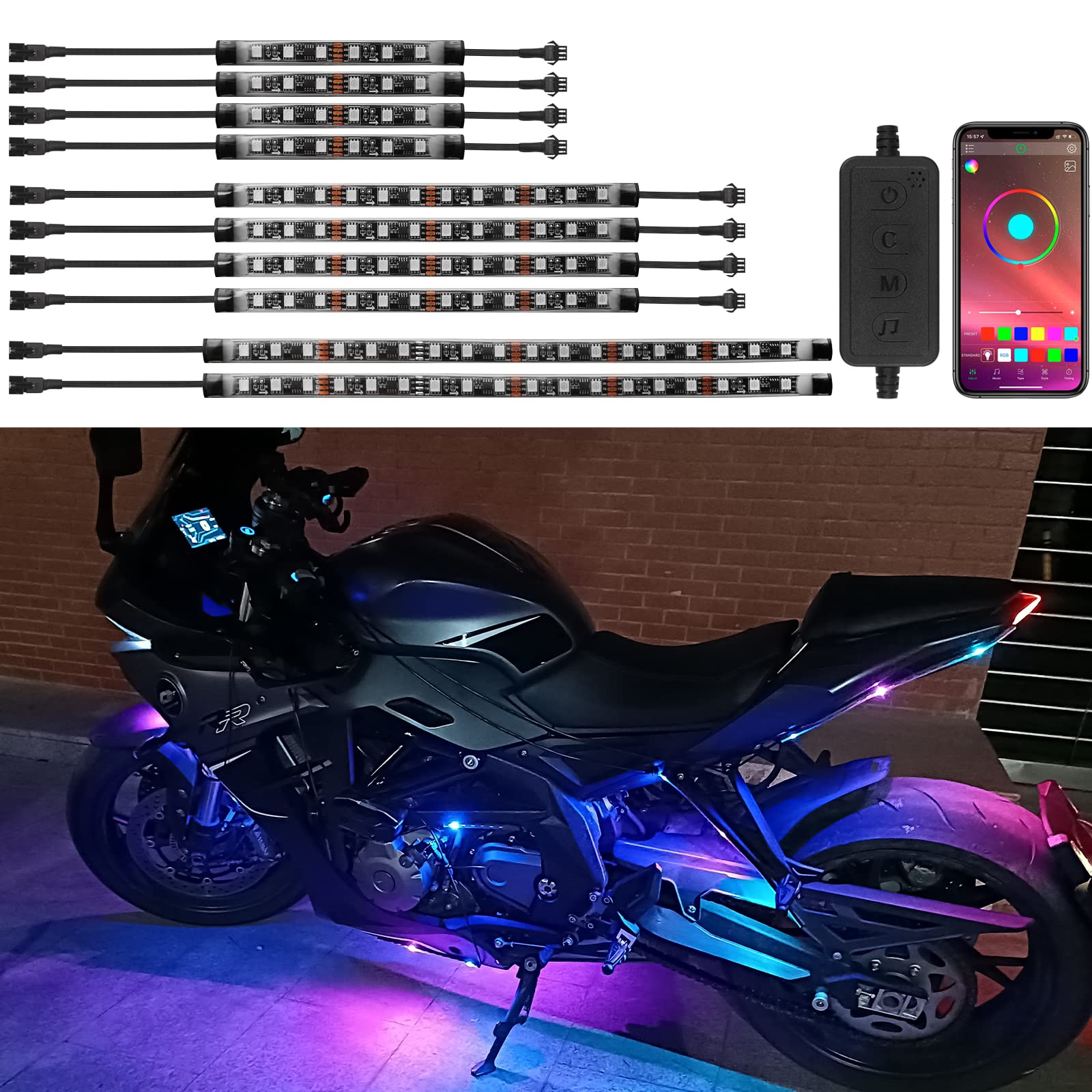 10Pcs Motorcycle LED Underglow Kit, RGB LED Strips Waterproof Motorcycle Lights, Motorcycle Lights Underglow Kit with APP Contro