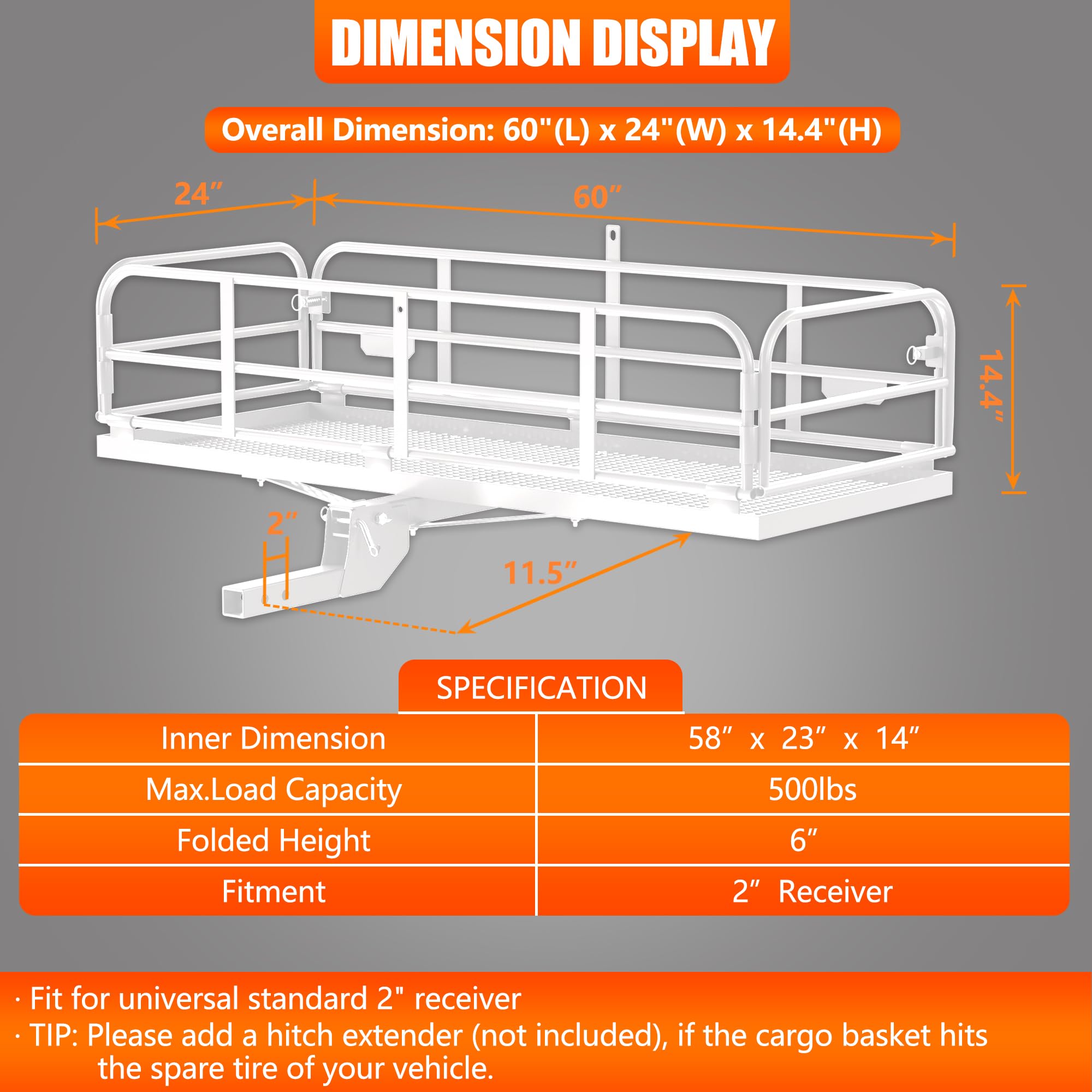Kairay 500 Lbs Heavy Duty Hitch Mount Cargo Carrier 60'' X 24'' X 14.4'' Folding Cargo Rack Rear Luggage Basket Fits 2'' Receive