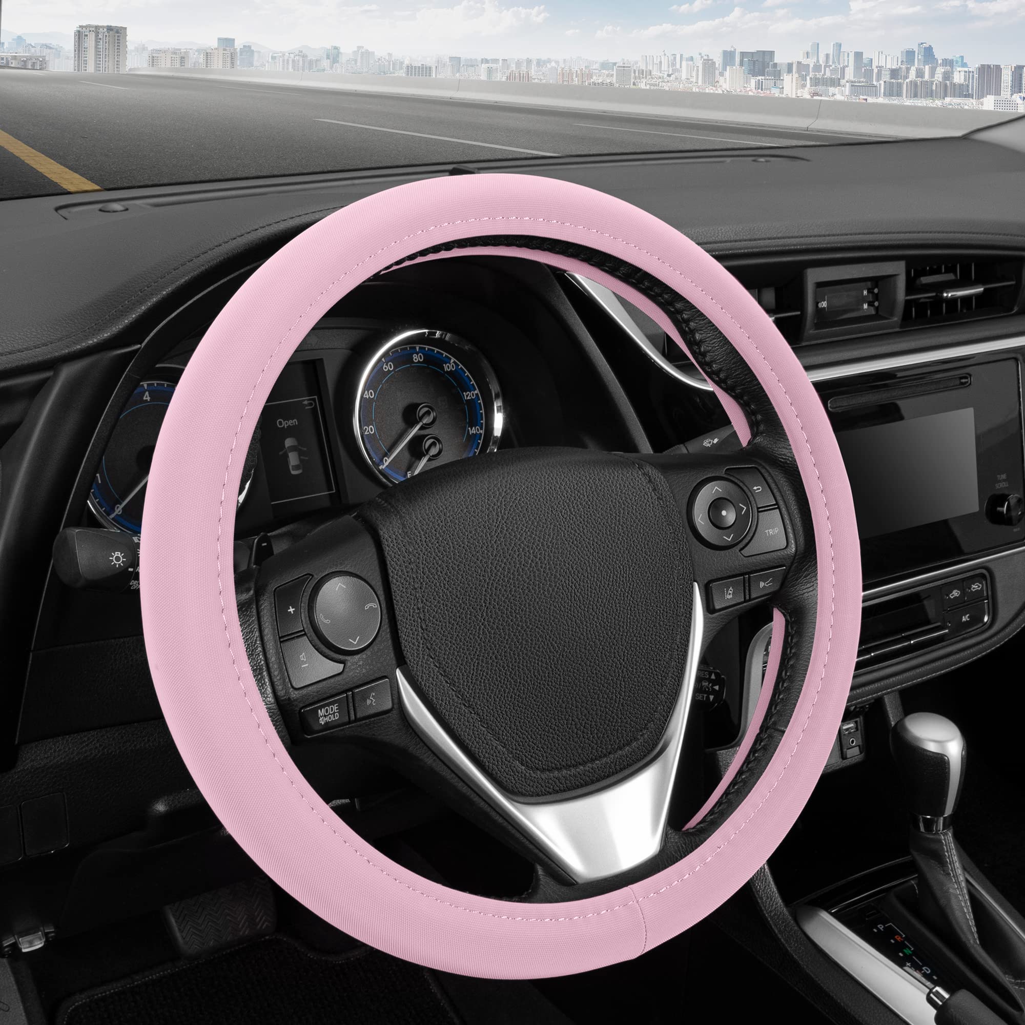 Bdk Ultra Soft Pink Steering Wheel Cover, Unisex Car Accessories Non-Slip Comfy Soft Grip Faux Leather Auto Steering Wheel Cover