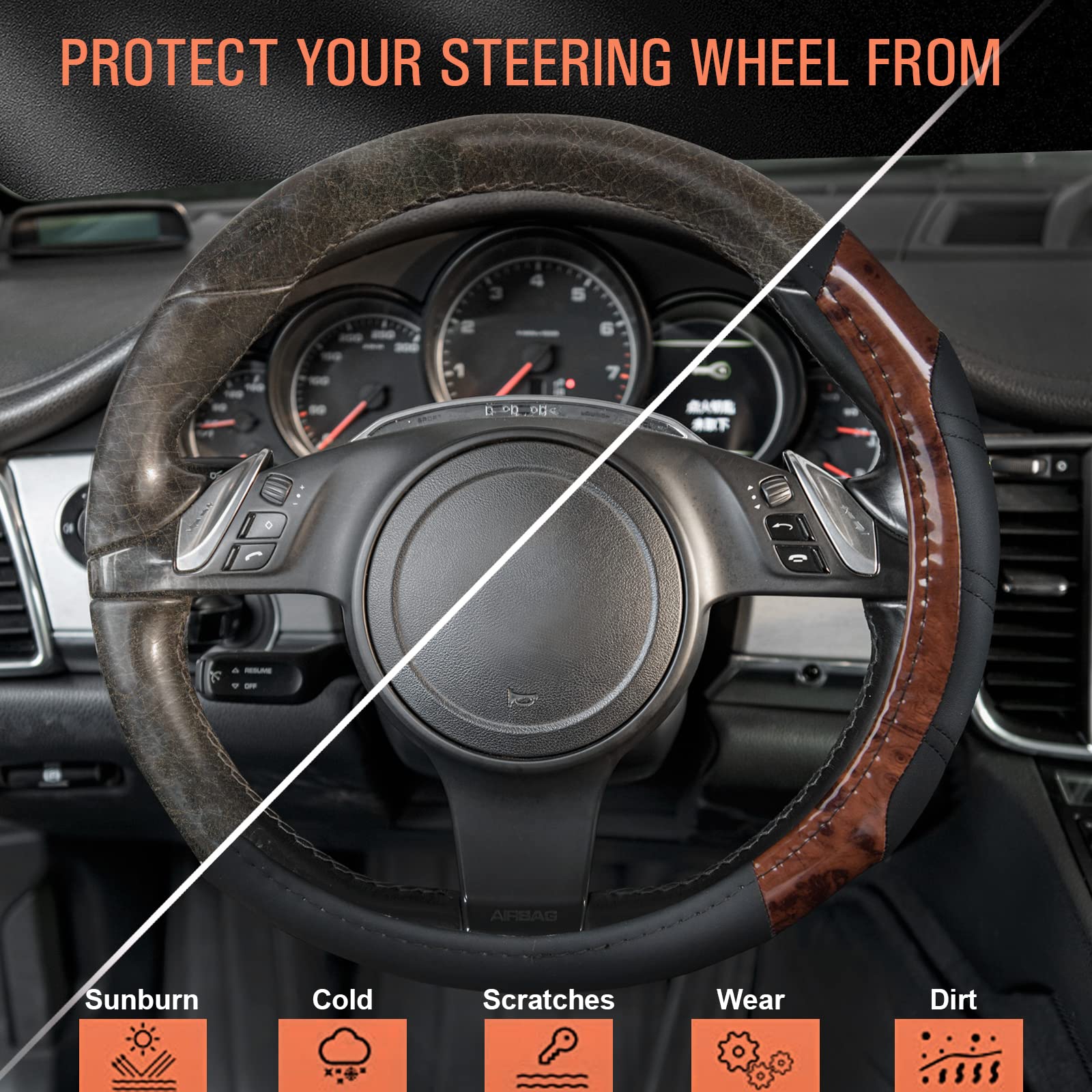 Car Pass Wood Grain Microfiber Leather Sporty 14.5-15 Inch Steering Wheel Cover Universal Fits For 95% Truck,Suv,Cars, Anti-Slip