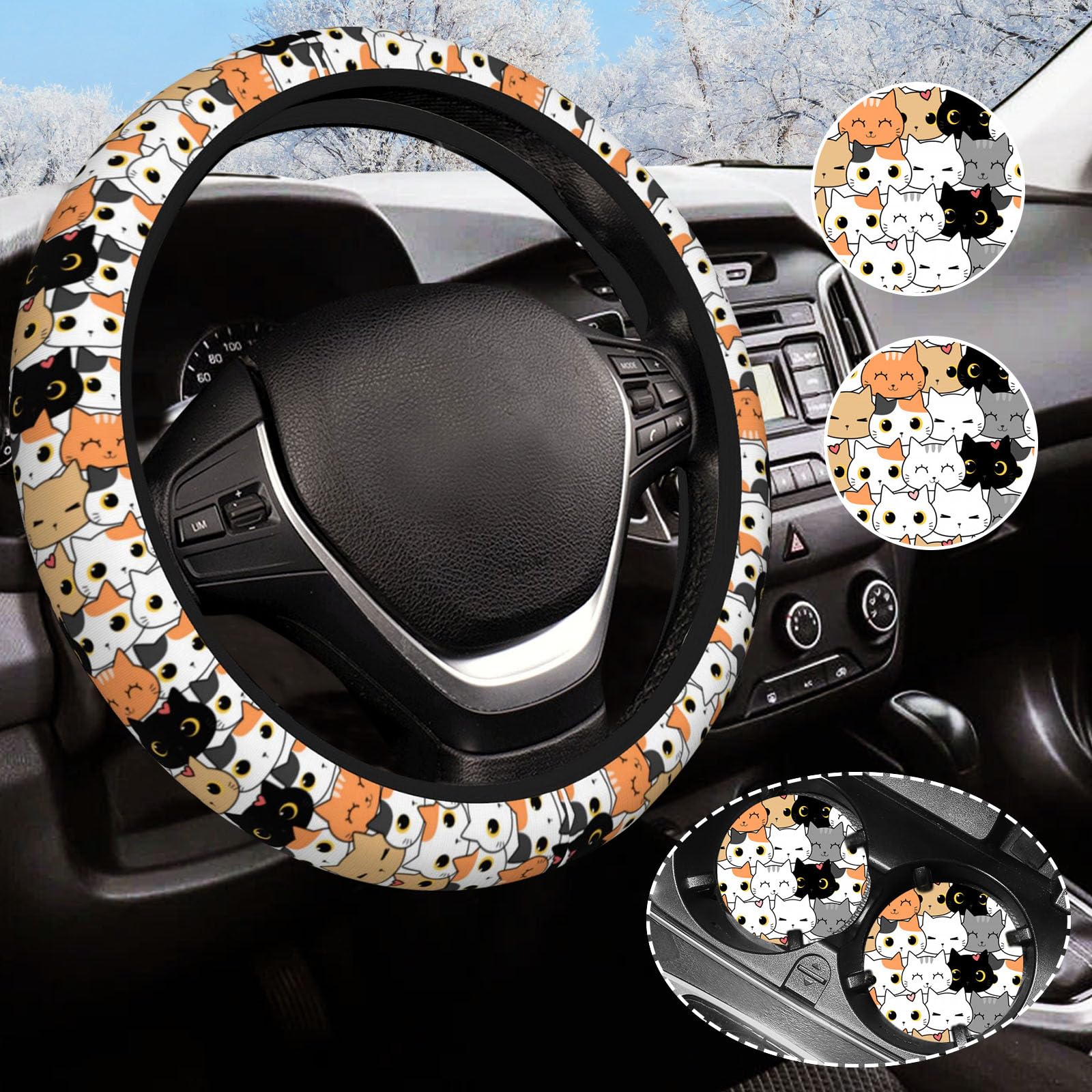 Cat Steering Wheel Cover for Women Men with 2 Pcs Car Coasters, Universal 14.5-15 Inch Cute Steering Wheel Covers Non-Slip Car A