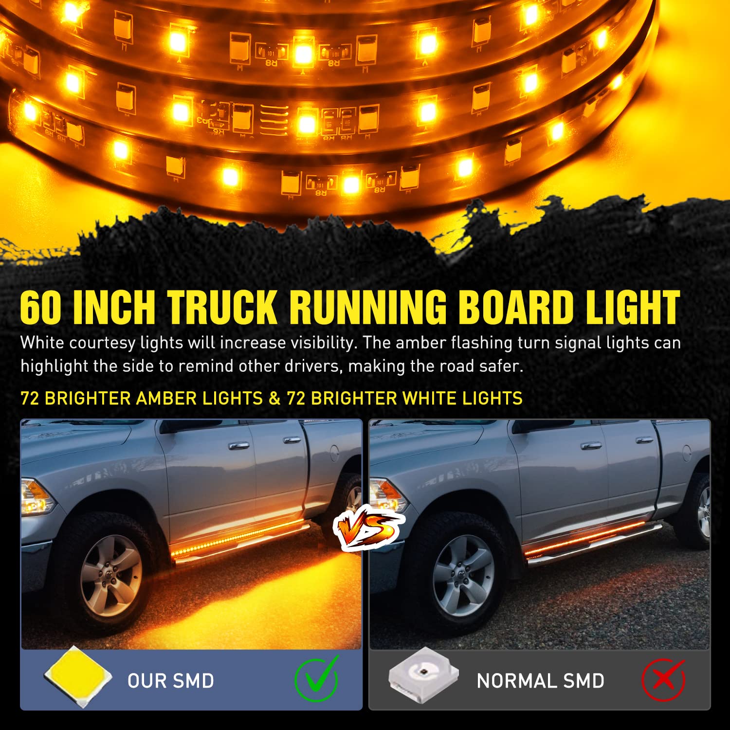 Nilight Truck Running Board Lights 2Pcs 60 Inch Led Side Maker White Courtesy Light & Sequential Amber Turn Signal Lighting Stri