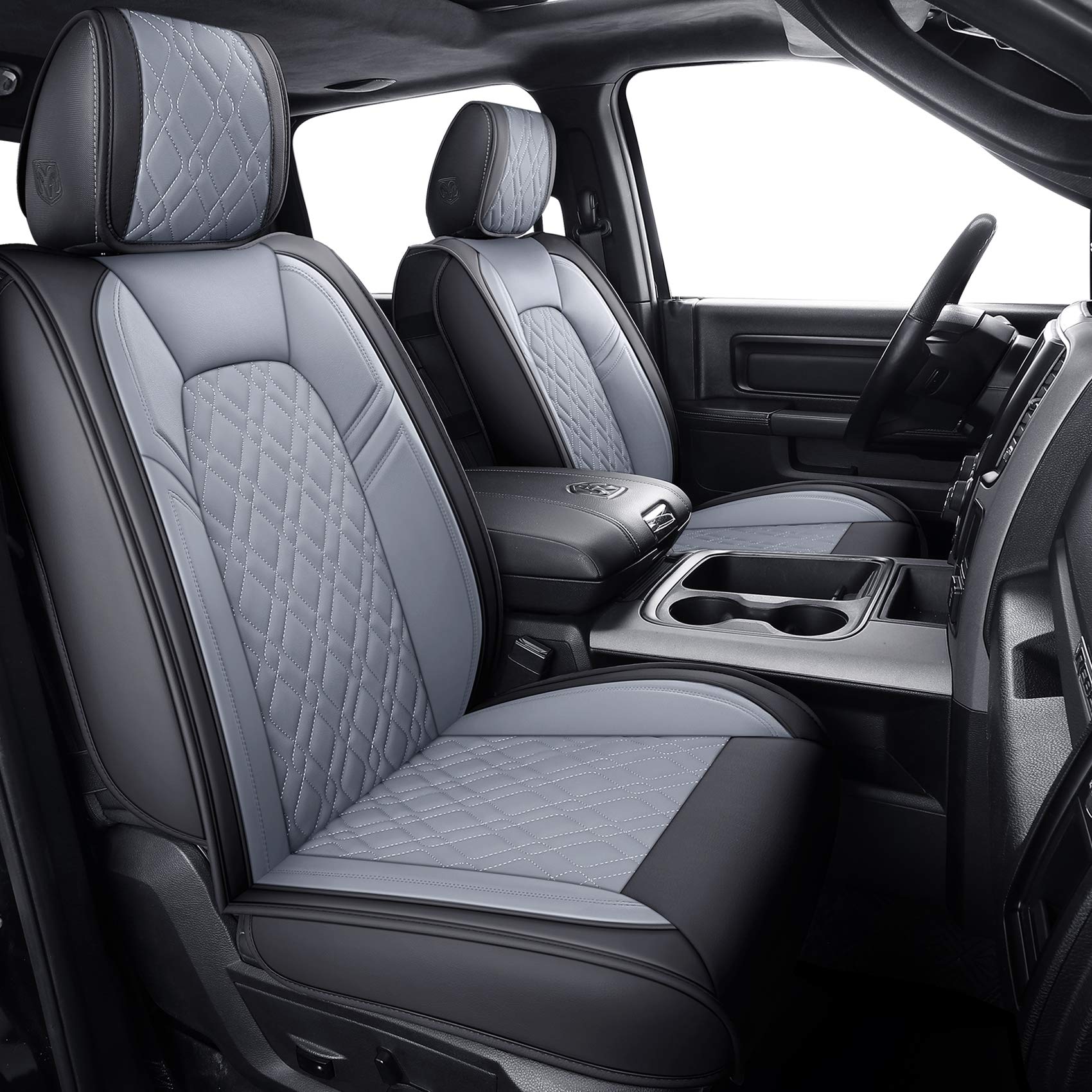 Aierxuan Dodge Ram Seat Covers Custom Fit 2009-2024 1500 2500 3500 Pickup Truck Crew Double Quad Regular Cab Waterproof Leather Front Car Cushions(2 Pcs Front, Black-Gray)