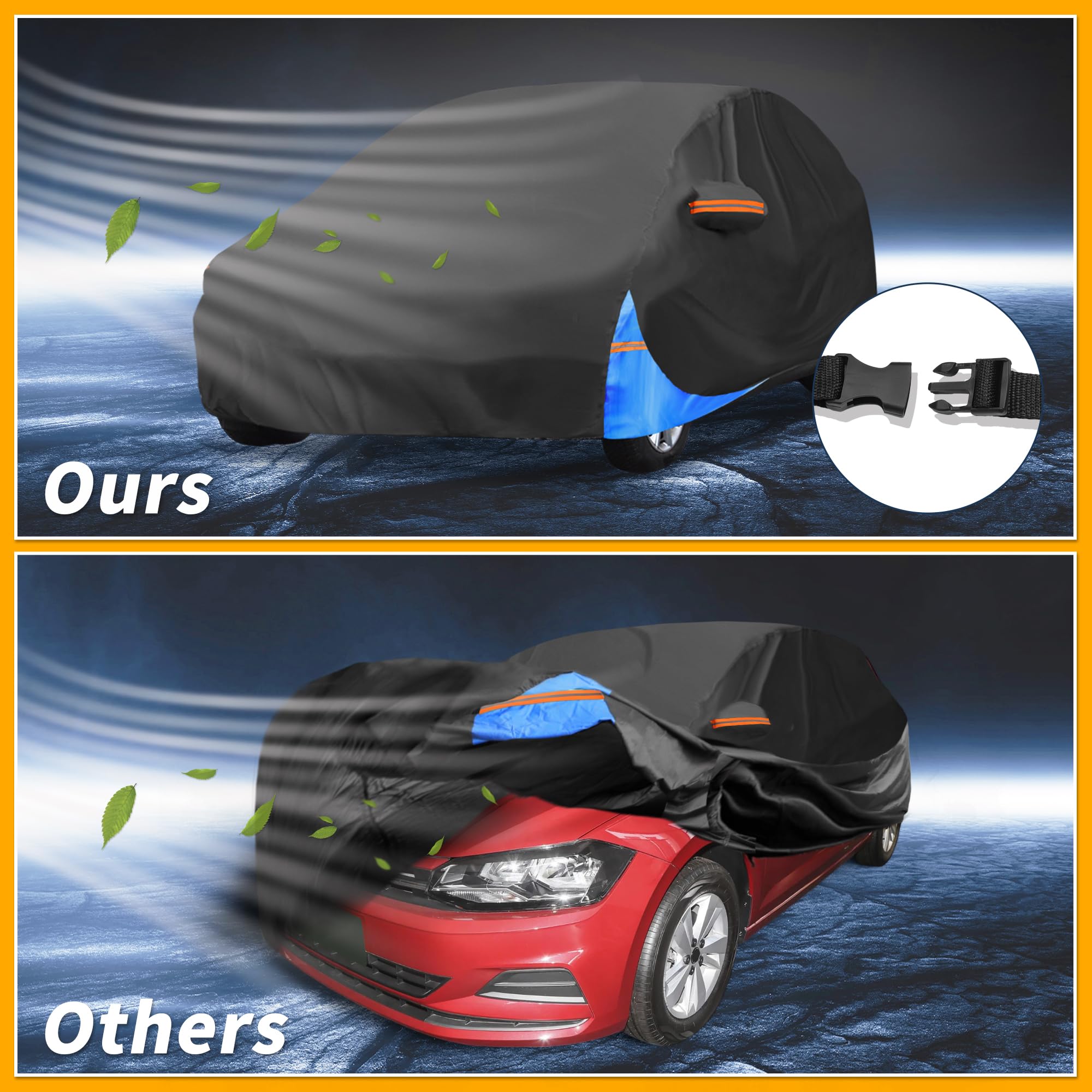 Partuto Waterproof All-Weather Universal Car Cover with Right Side Zipper, 210D-PU Black Blue Fits for Hatchback 163'' to 177''