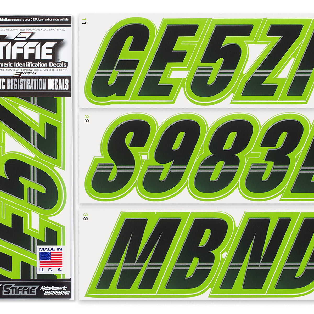 Stiffie Techtron Black/Team Green 3 Super Sticky Boat & Pwc Registration Decals WBCARB07GSDX3FJ